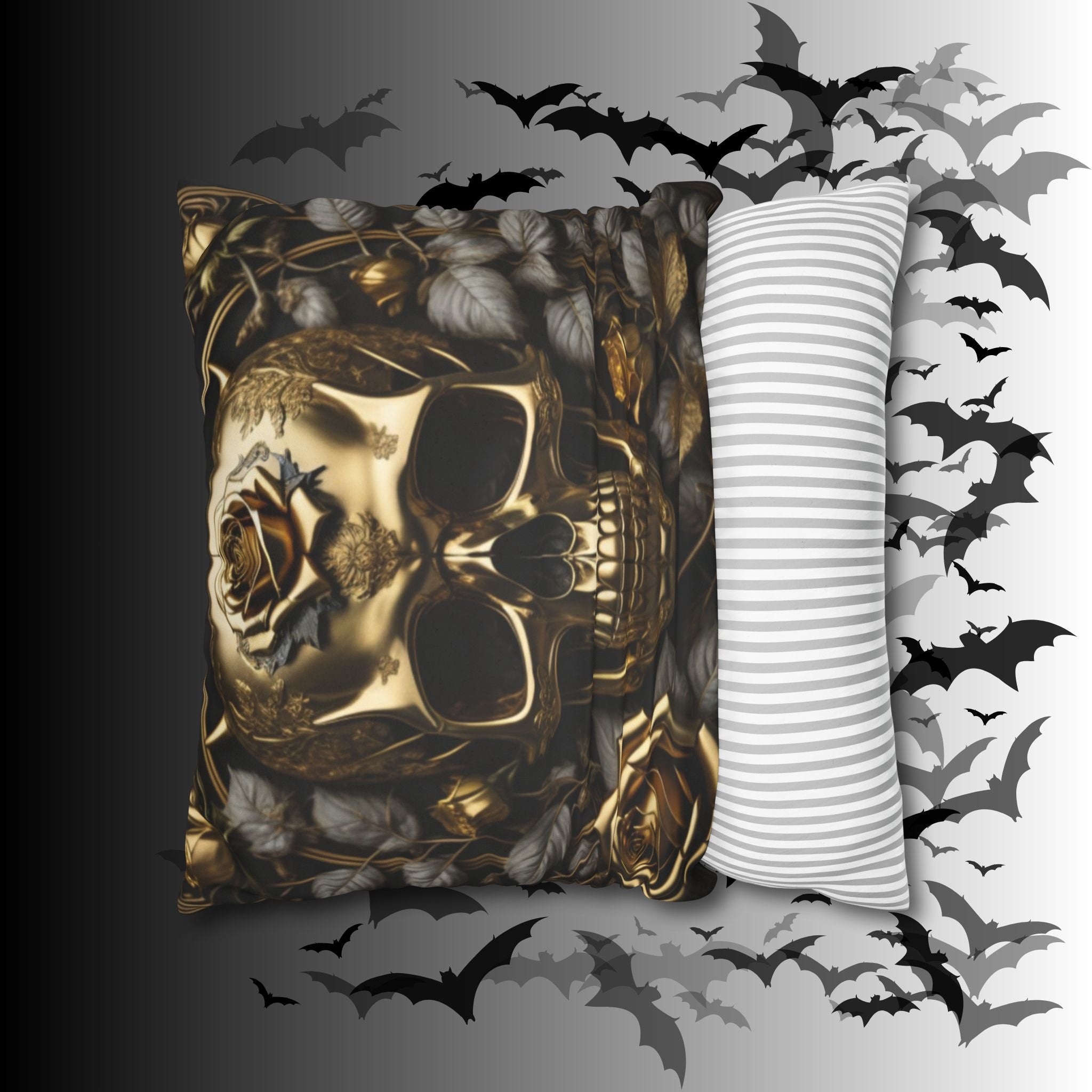 Gothic Gold Black Rose Skull Throw Pillow — Dark Floral Botanical Home Decor