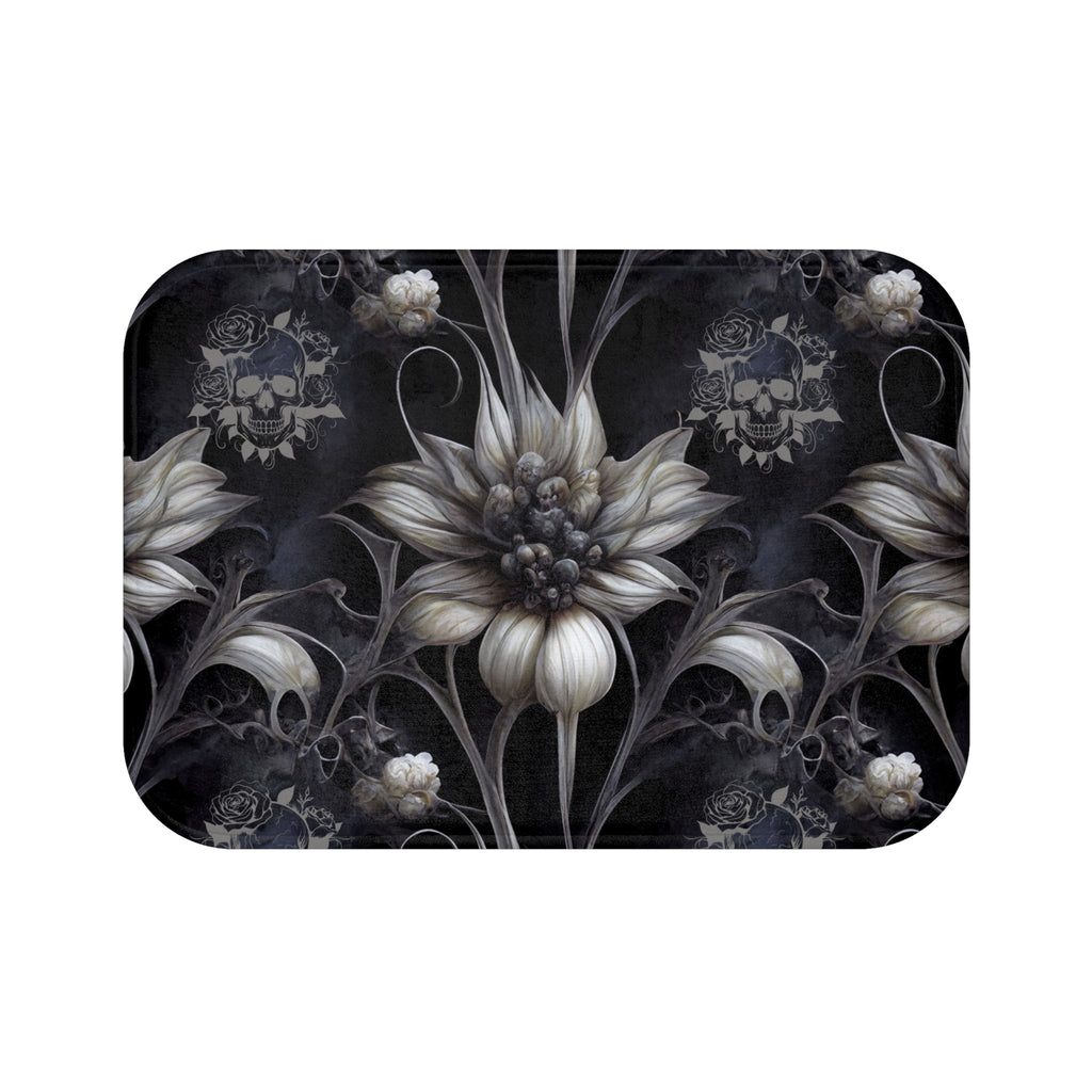Gothic Botanical Skull Bath Mat — Dark Floral Black Bathroom Decor