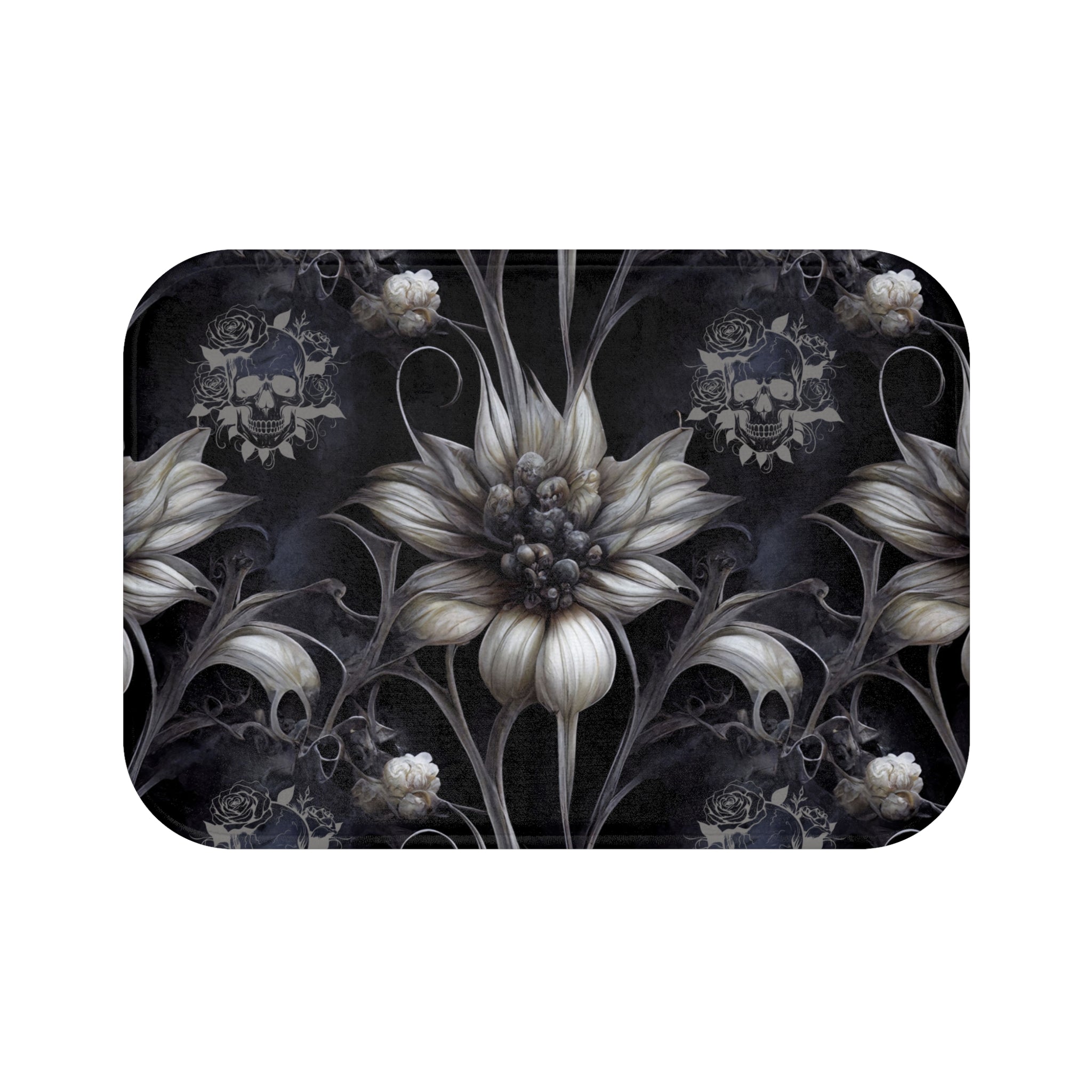 Gothic Botanical Skull Bath Mat — Dark Floral Black Bathroom Decor
