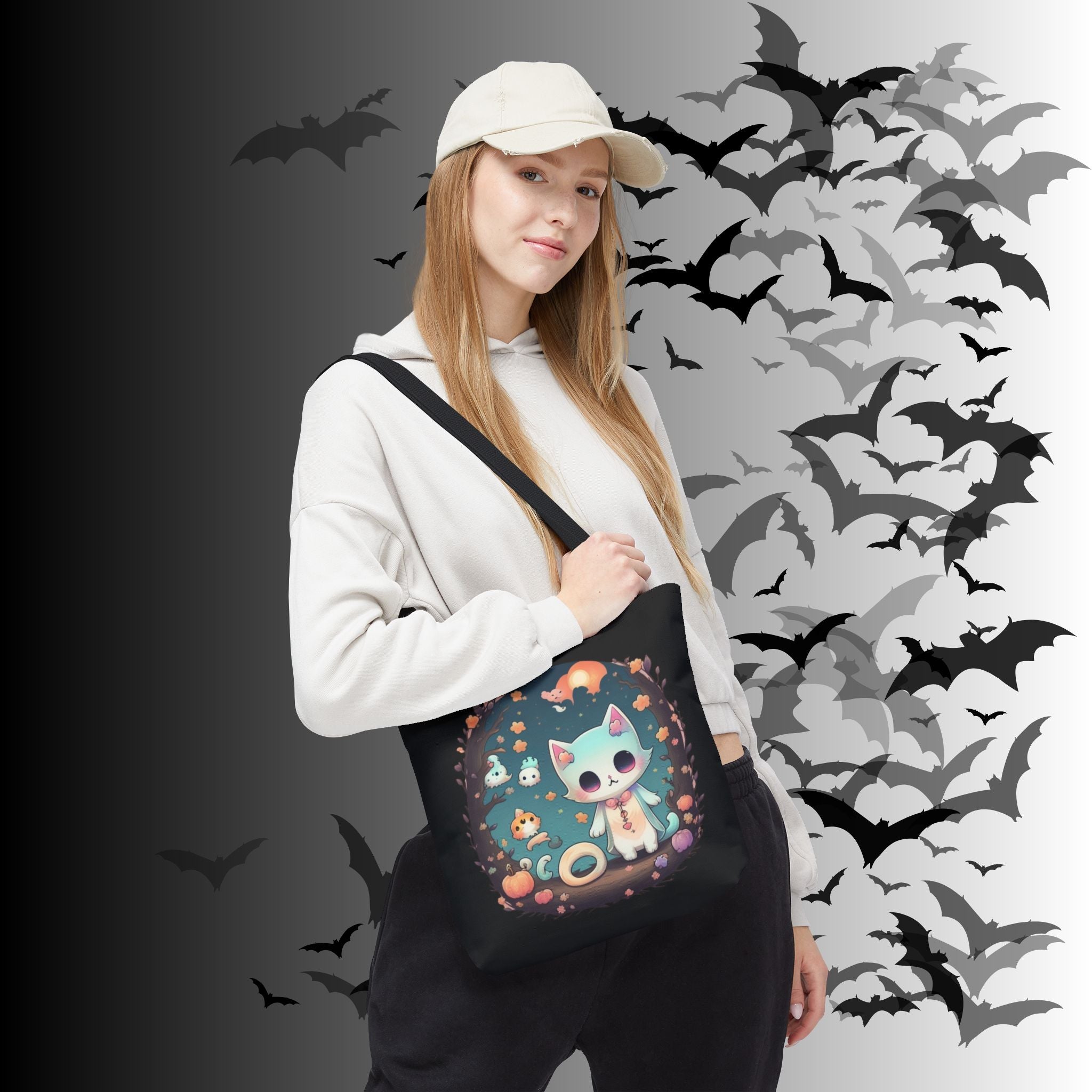 Pastel Goth Kawaii Cat Halloween Tote Bag — Moonlit Forest Scene