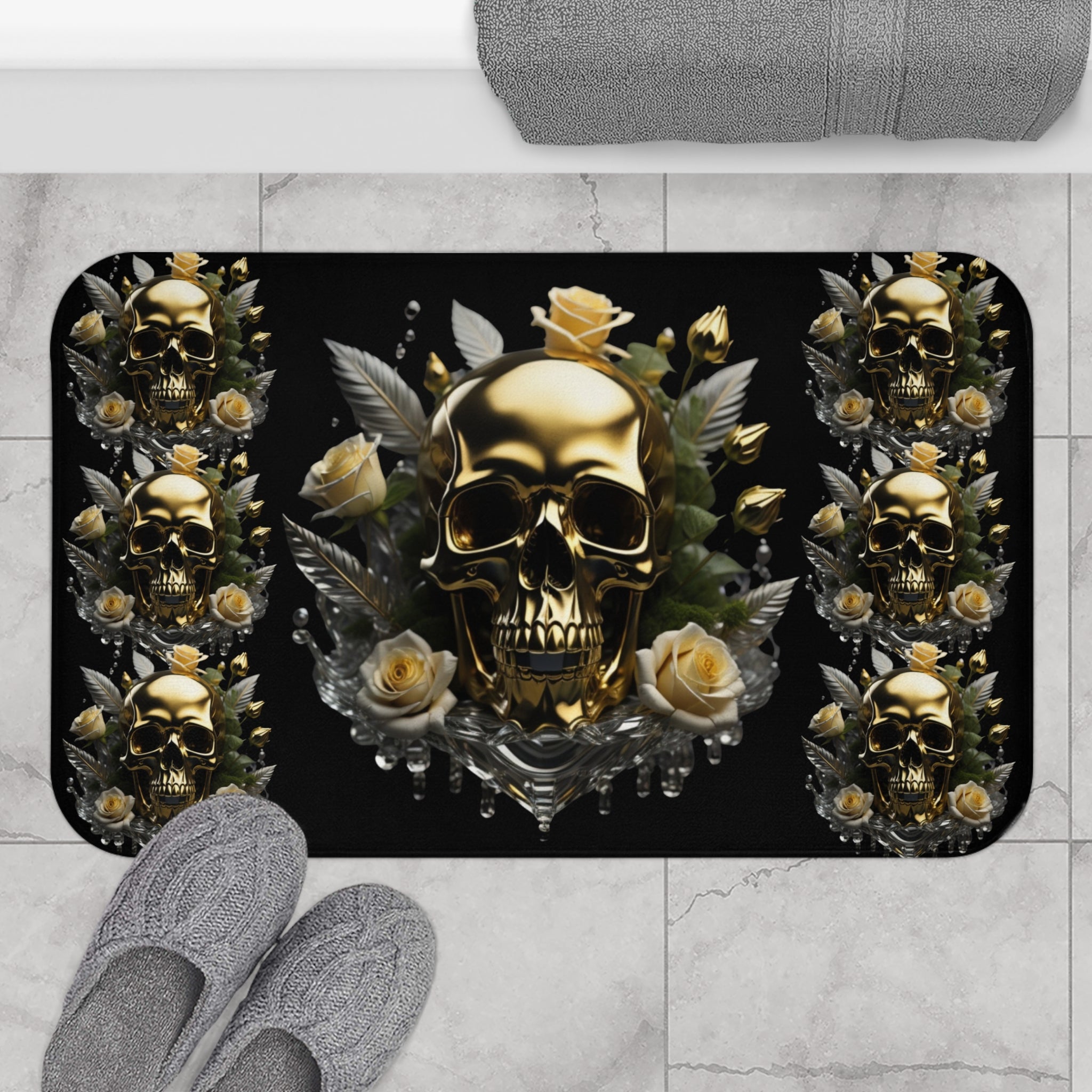 
Gothic bath mat featuring a polished gold skull with cream roses, silver crystal botanical elements, and water droplet details on a black background