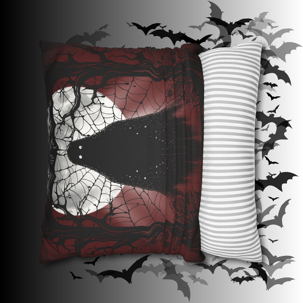 Gothic Ghost Cobweb Moon Throw Pillow — Spooky Halloween Dark Home Decor