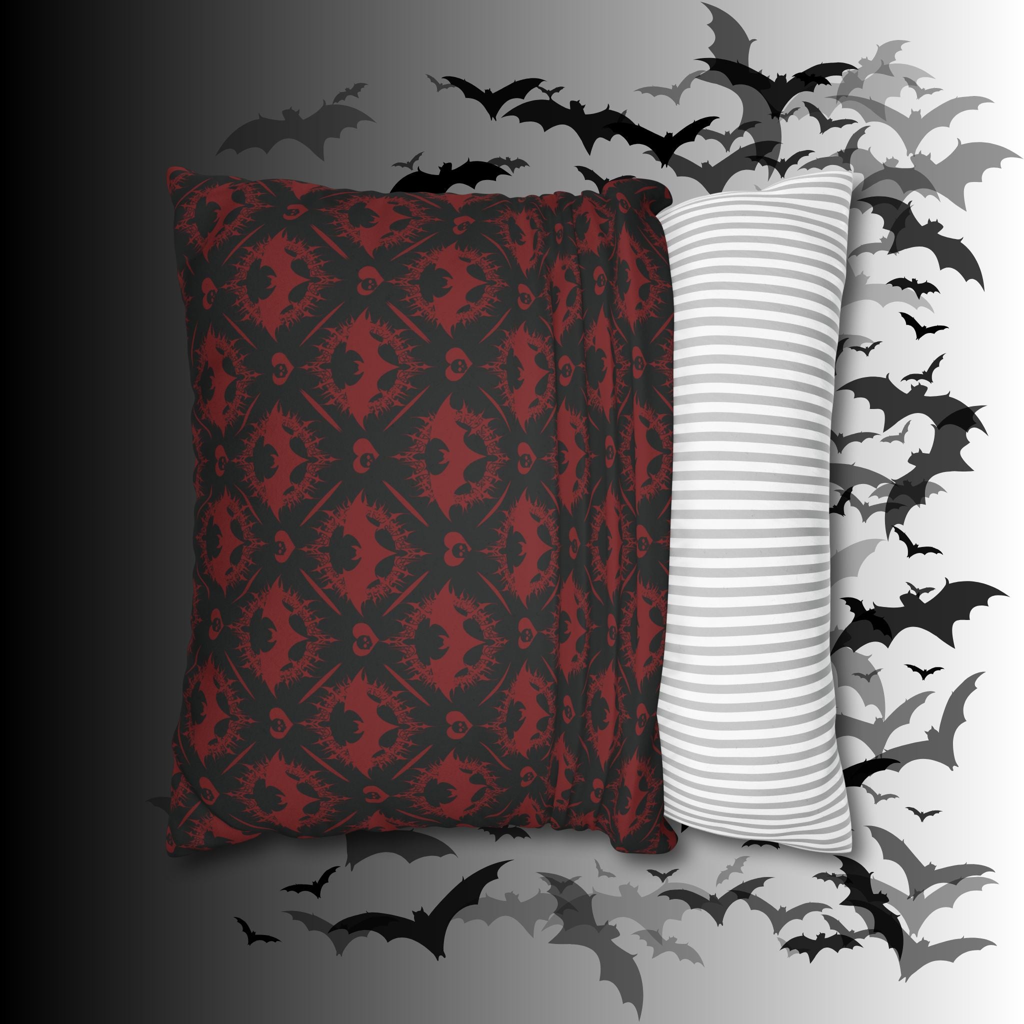 Gothic Bat Diamond Pattern Throw Pillow — Midnight Black Dark Home Decor