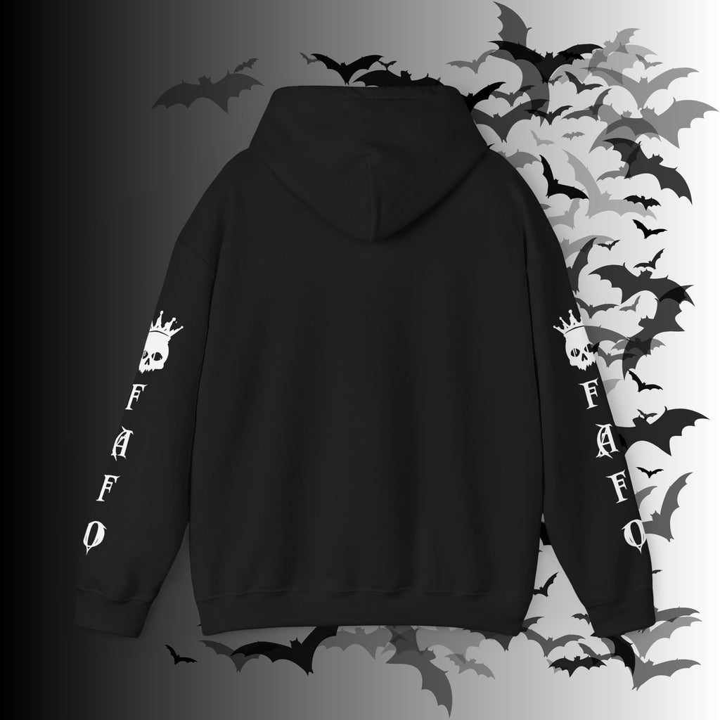 I Identify As a Threat Hoodie — Gothic Skull Sleeve Print FAFO Black