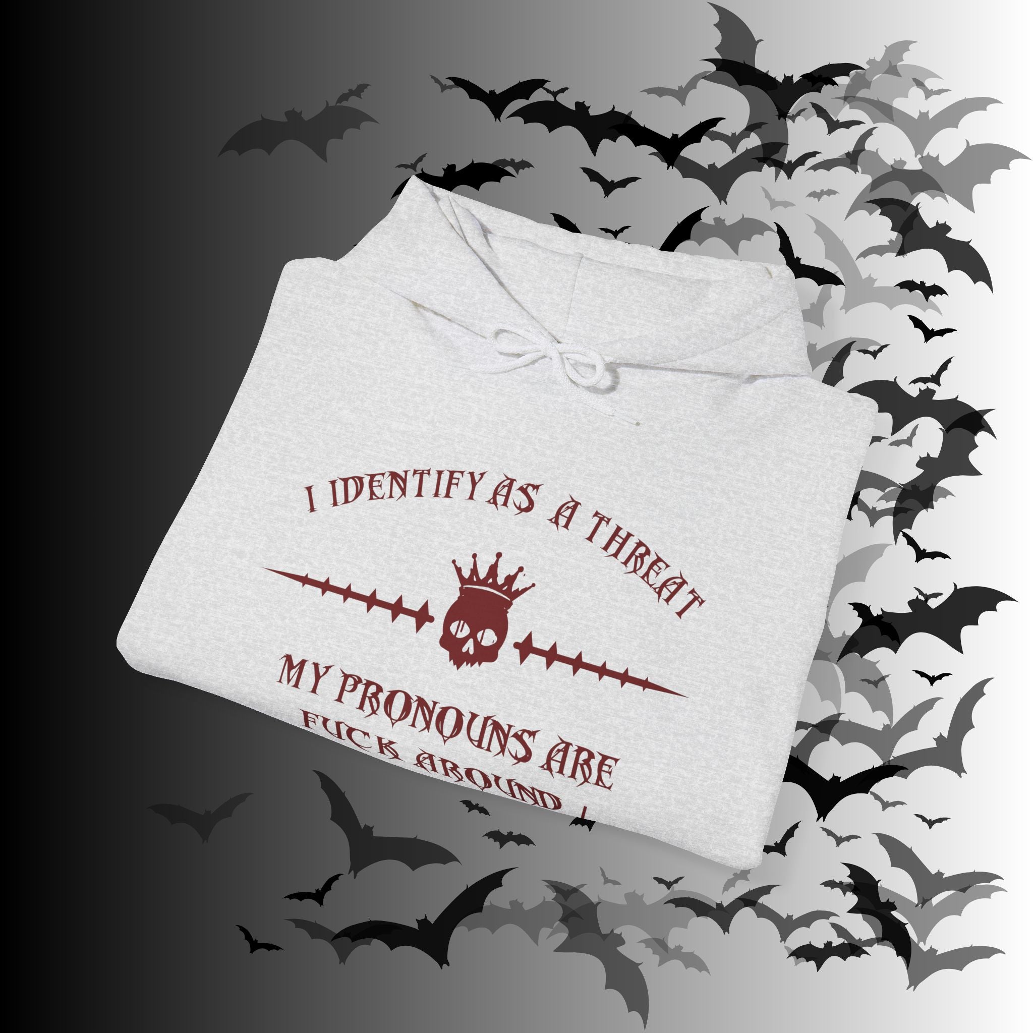 I Identify As a Threat Hoodie — Gothic Skull Sleeve Print Fuck Around Find Out