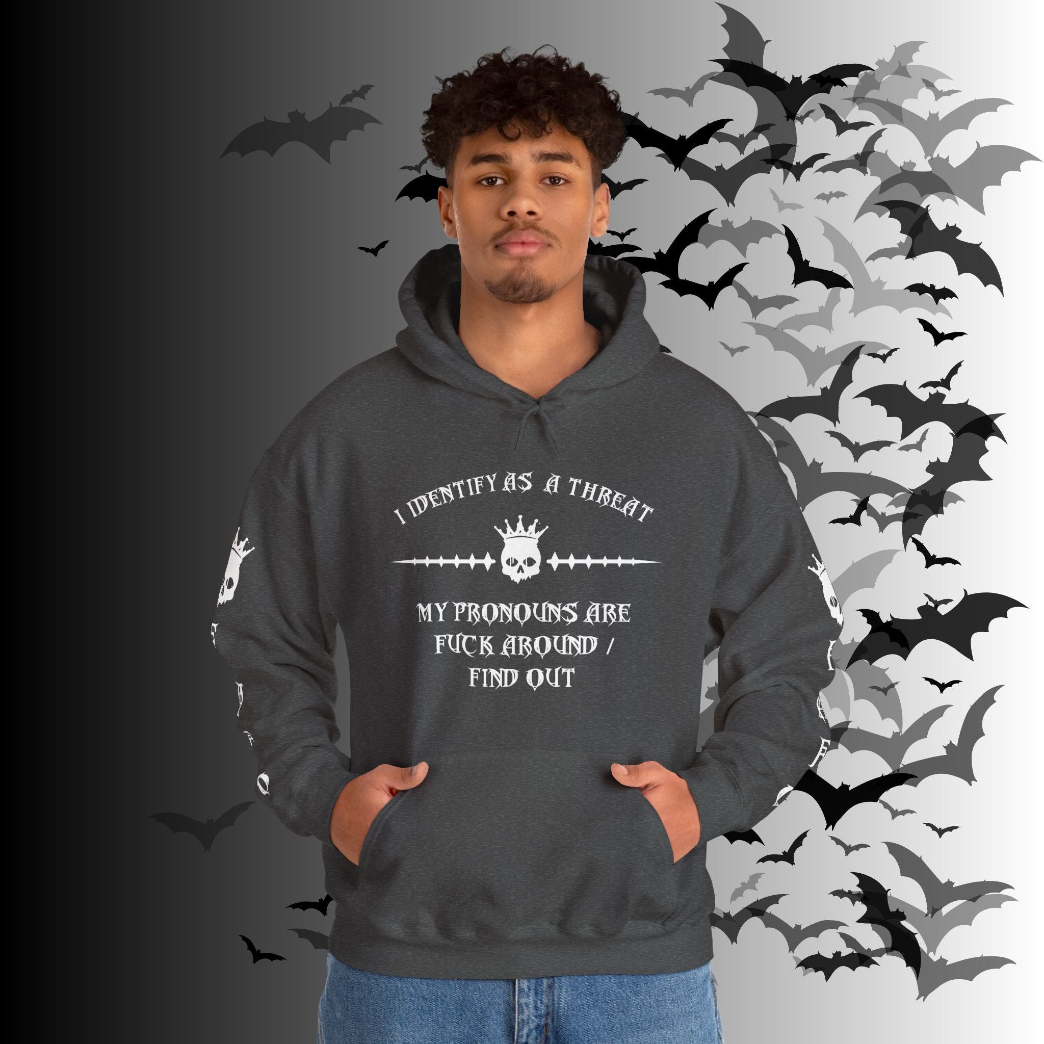 I Identify As a Threat Hoodie — Gothic Skull Sleeve Print FAFO Black