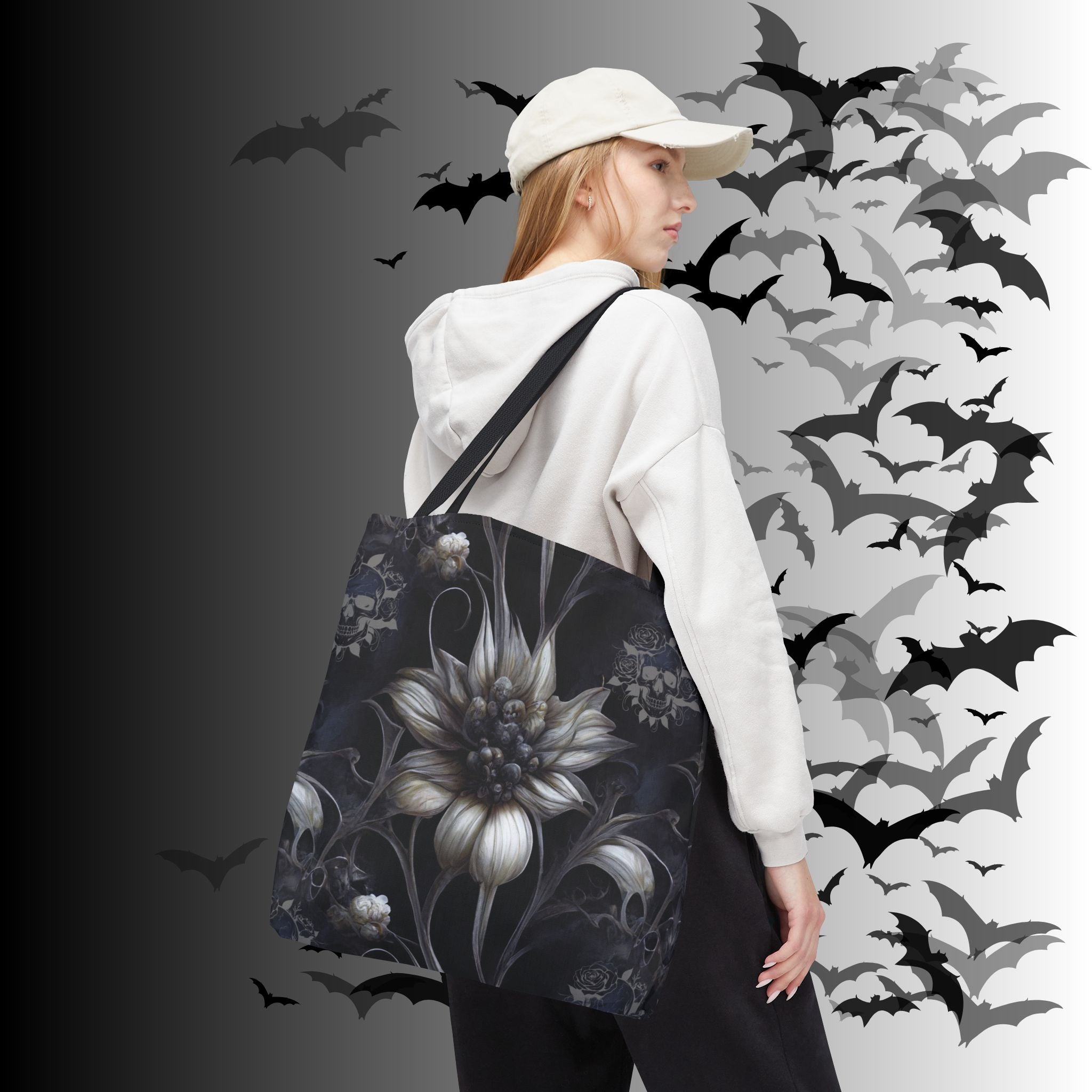 Gothic Botanical Skull Tote Bag — Dark Floral All-Over Print