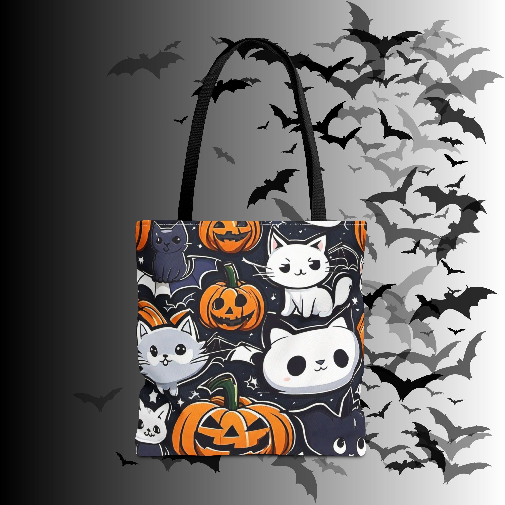 Kawaii Halloween Cat & Pumpkin Tote Bag — Spooky Multi-Cat Pattern