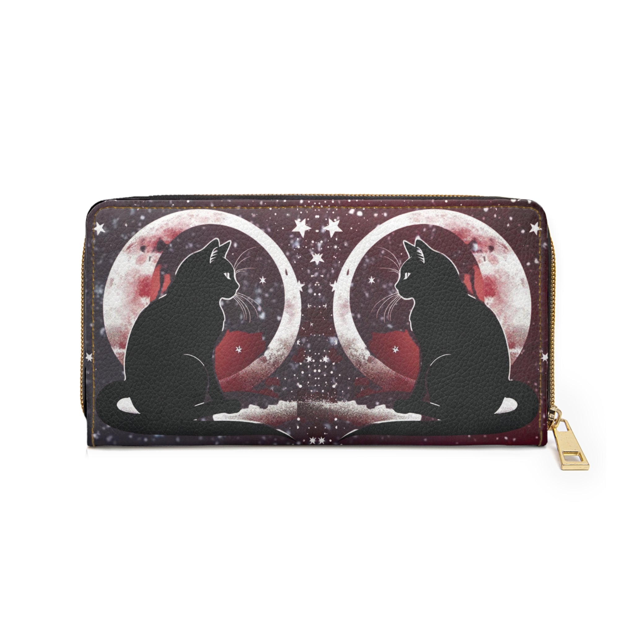 Gothic Twin Black Cat Moon Wallet | Dark Romance Faux Leather Zipper Clutch