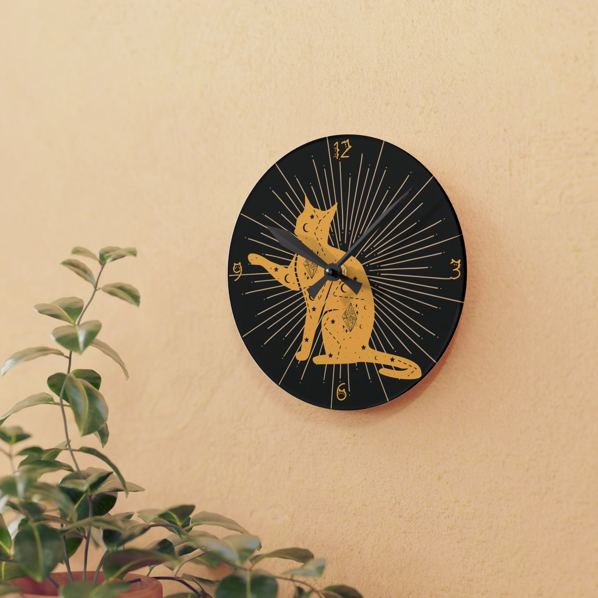 Celestial Cat Wall Clock — Gold Witchy Acrylic Art Print Home Decor