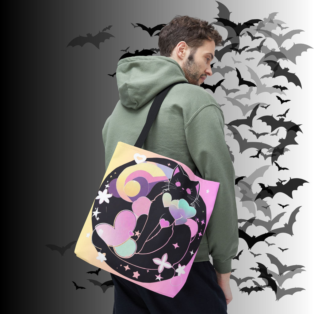 Pastel Goth Black Cat Heart Balloon Tote Bag — Kawaii Moon Print