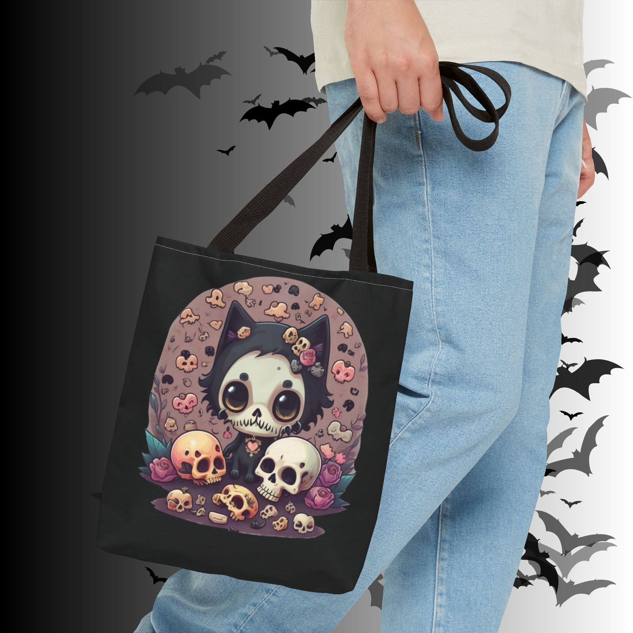 Kawaii Skull Cat Tote Bag — Gothic Cute Skull Illustration
