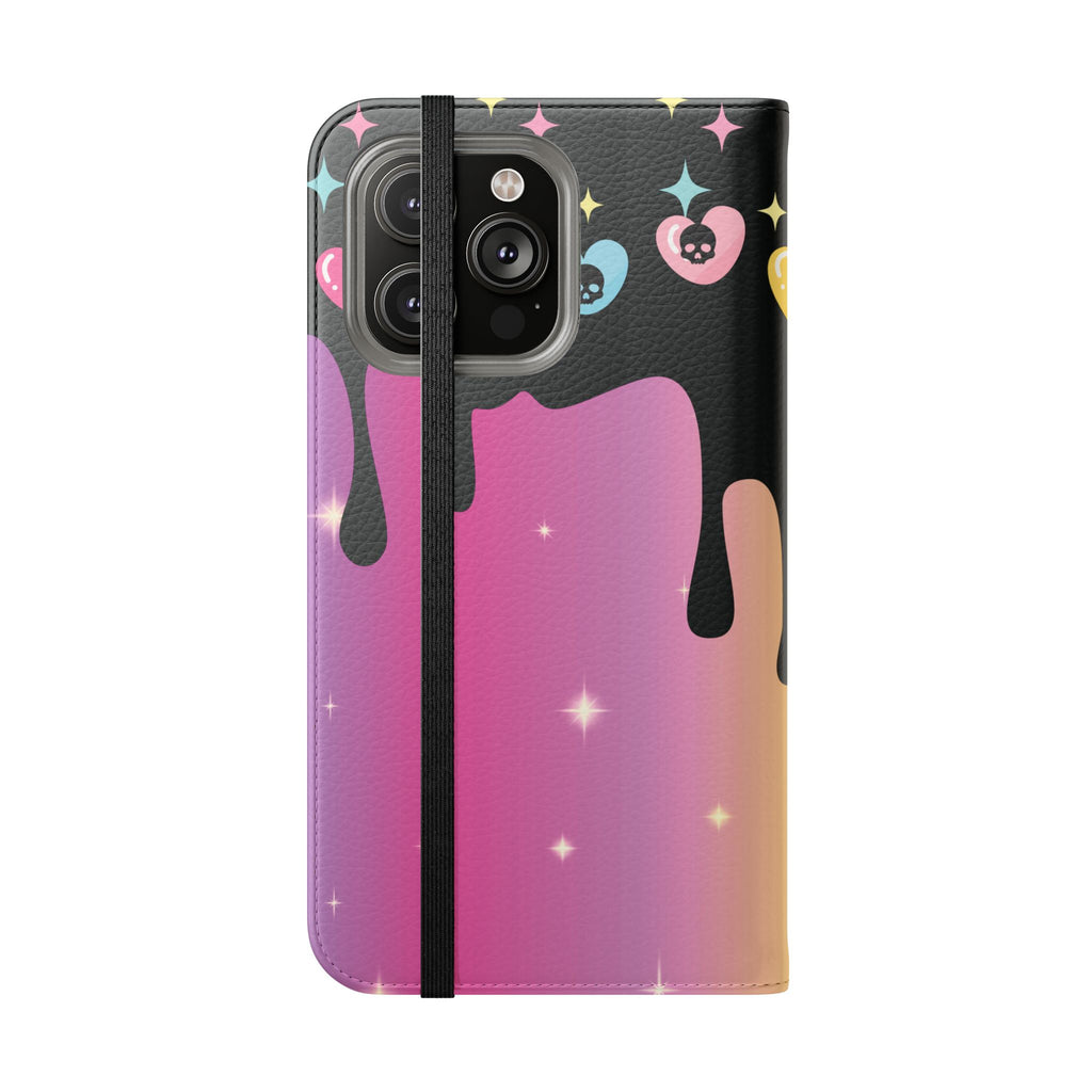 Pastel Goth Drippy Rainbow Skulls Flip Wallet Phone Case - Wallet Case for Samsung and iPhone - Gothic Style Wallet Phone Cases