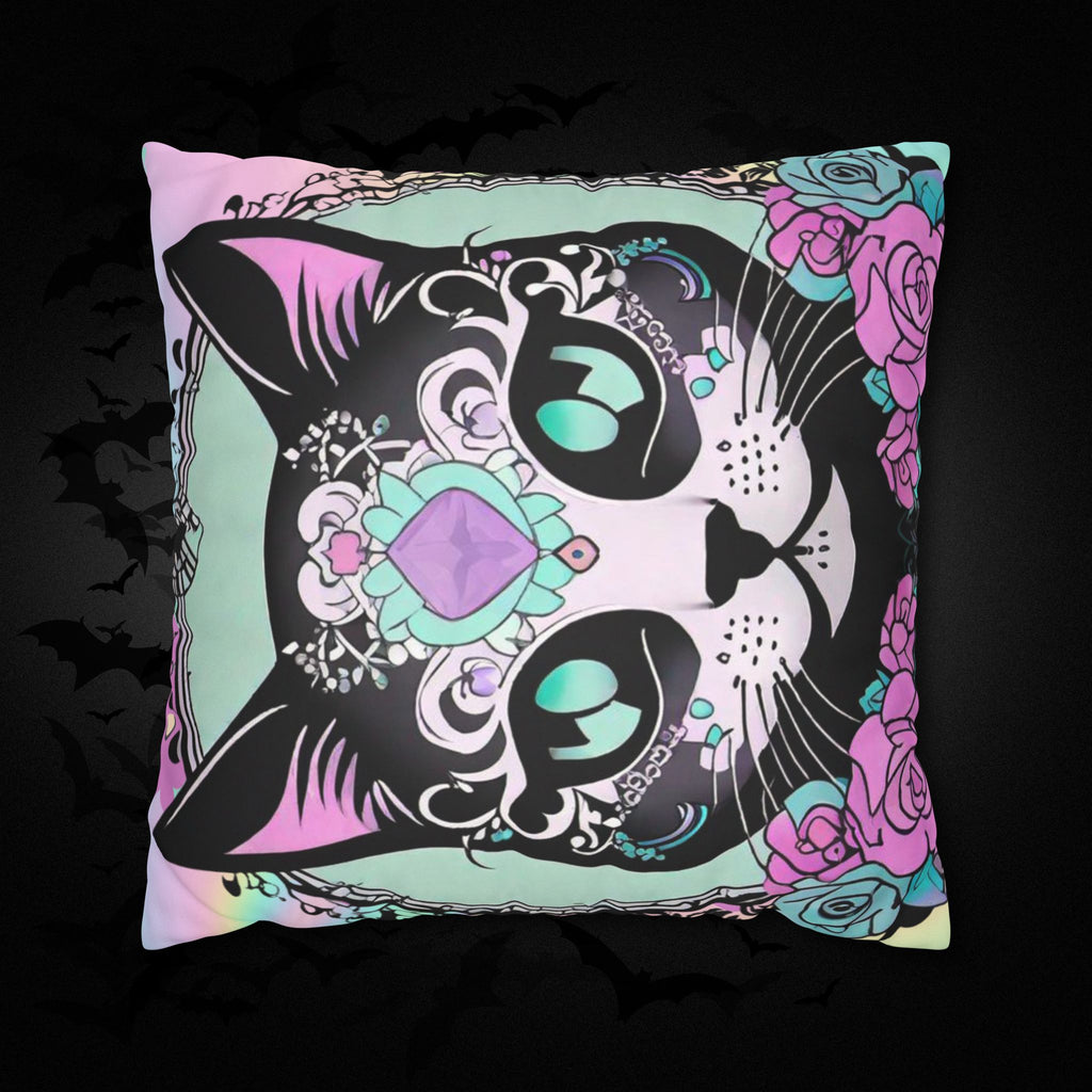 Pastel Goth Sugar Skull Cat Throw Pillow — Floral Gothic Home Decor
