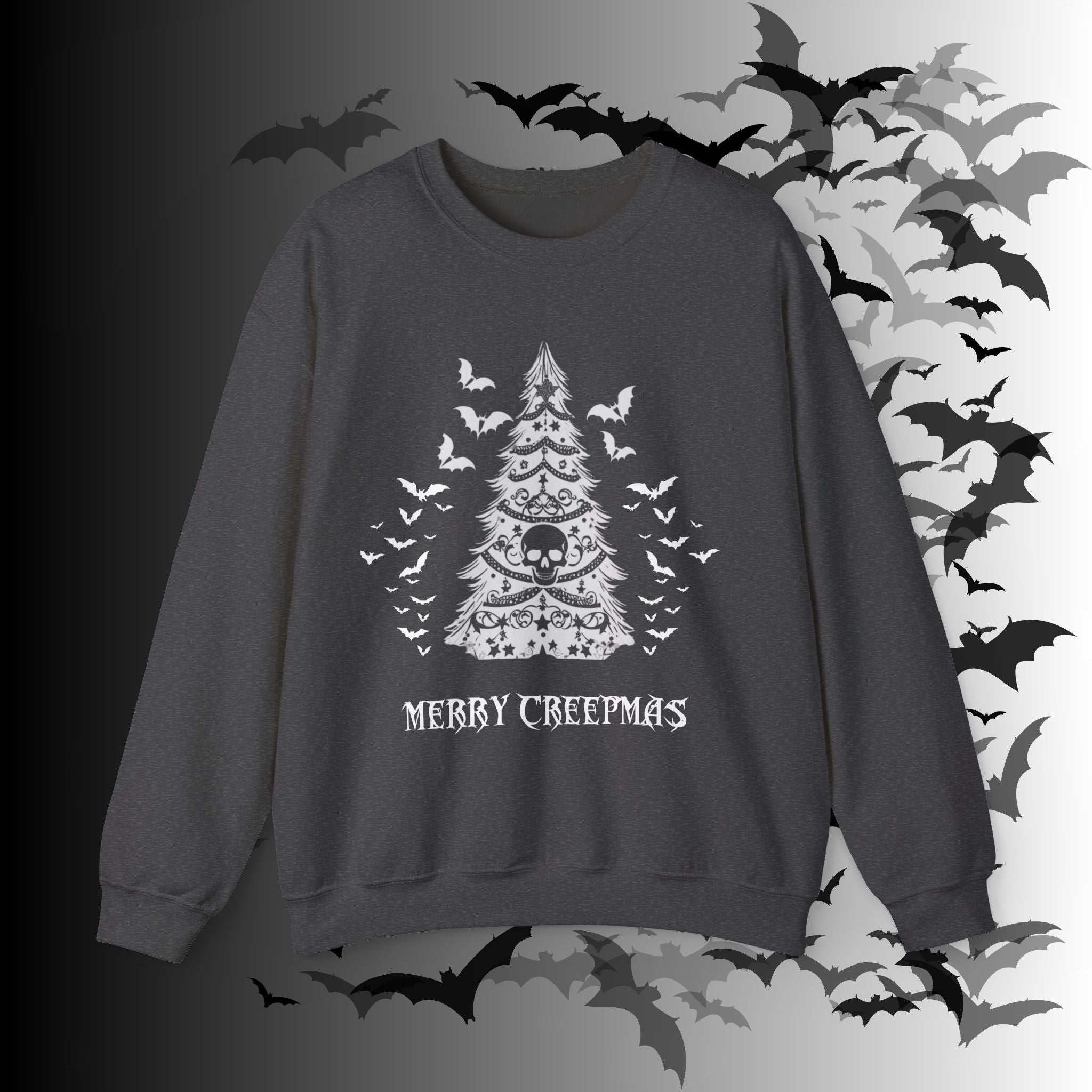 Merry Creepmas Tree Crewneck Sweatshirt — Gothic Christmas Skull Bat