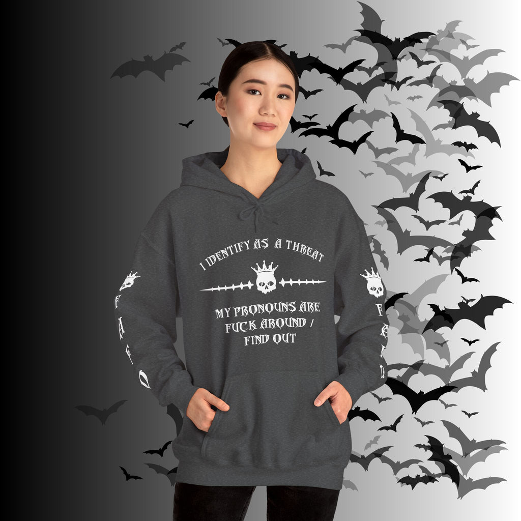 I Identify As a Threat Hoodie — Gothic Skull Sleeve Print FAFO Black