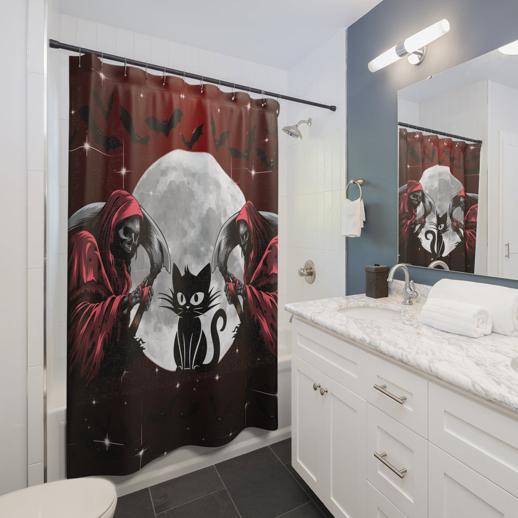 
Gothic shower curtain featuring twin crimson-robed grim reapers flanking a black cat silhouette against a full moon with flying bats on a deep red and black background