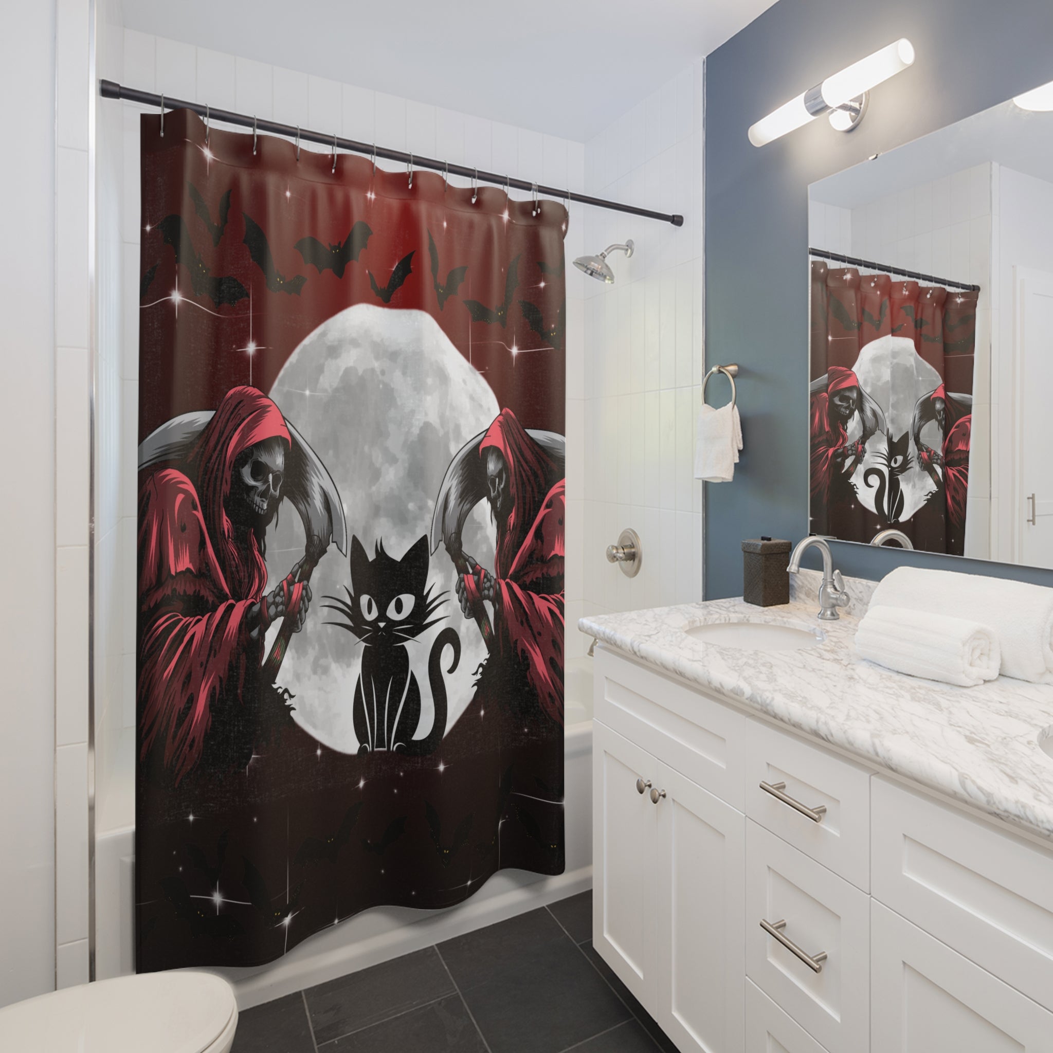 
Gothic shower curtain featuring twin crimson-robed grim reapers flanking a black cat silhouette against a full moon with flying bats on a deep red and black background