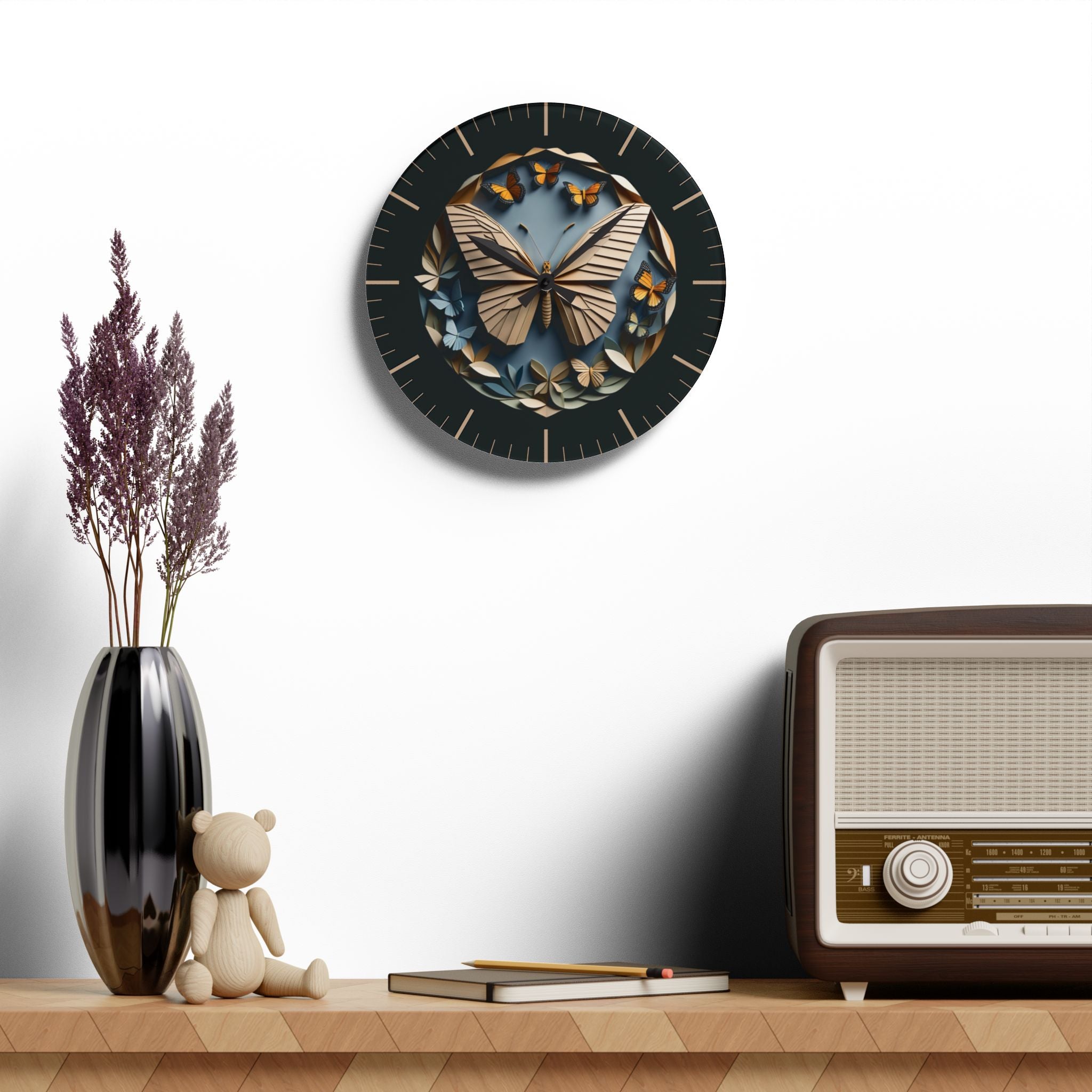 Origami Style Butterfly Acrylic Art Print Wall Clock — NOT Real Origami, Modern Zen Home Decor