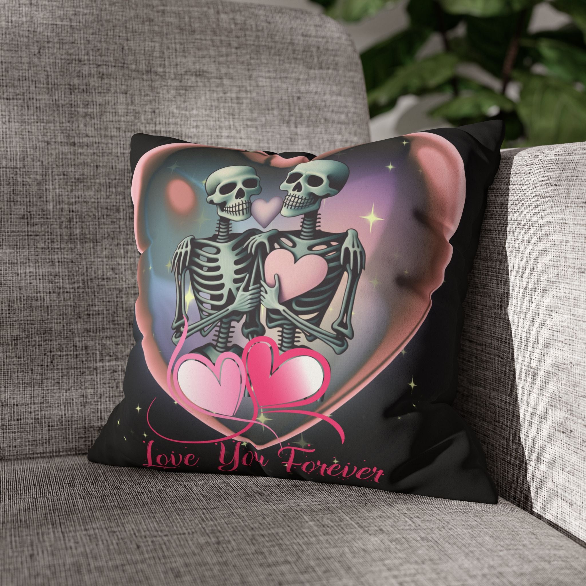 Love You Forever Skeleton Couple Throw Pillow — Gothic Love Dark Home Decor