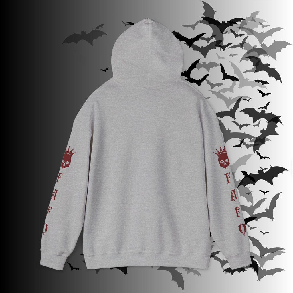 I Identify As a Threat Hoodie — Gothic Skull Sleeve Print Fuck Around Find Out