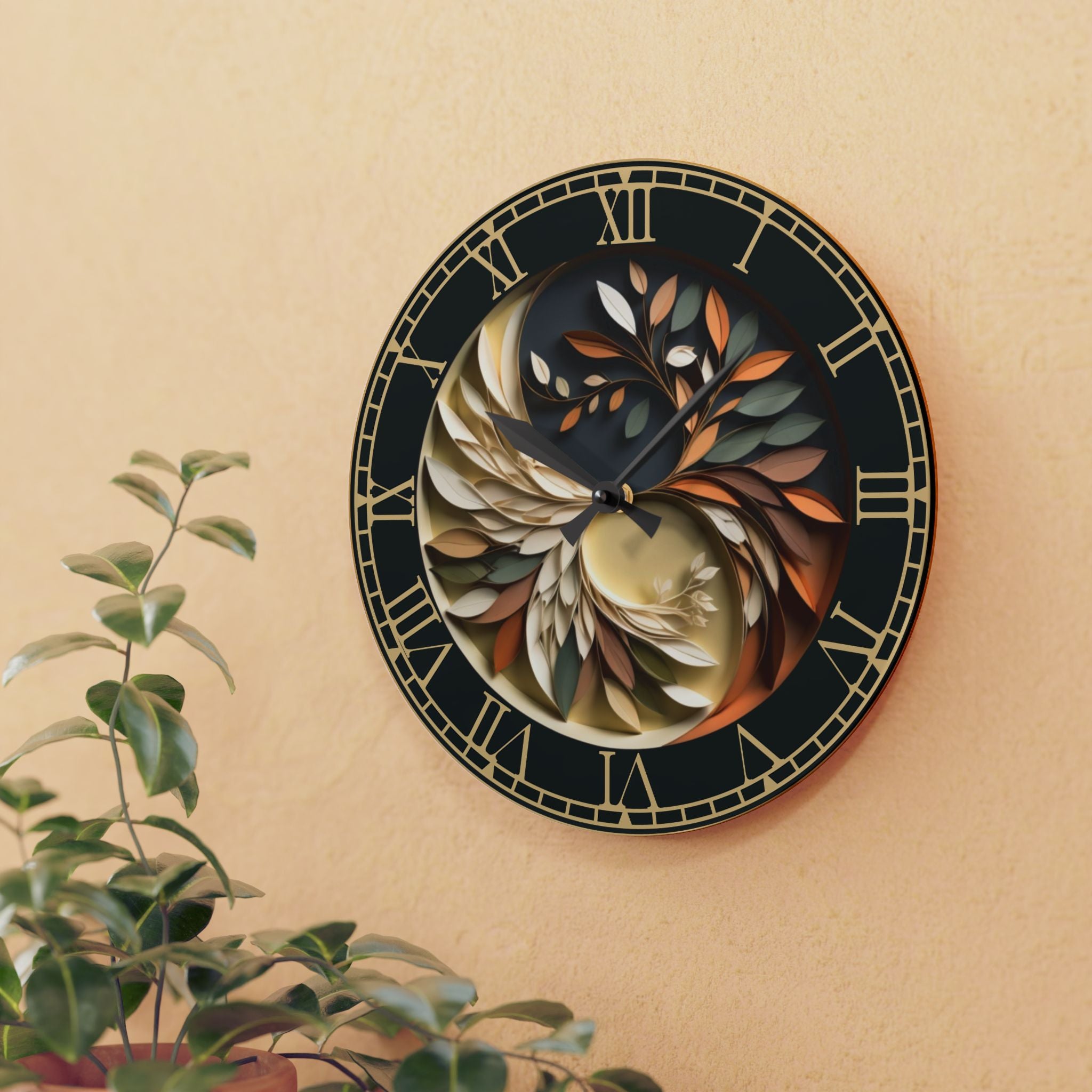 Square acrylic wall clock featuring a yin yang symbol rendered in layered paper-fold style botanical leaves in cream burnt orange sage green and gold against a deep dark teal background with gold Roman numerals on a segmented ring and black hour and minute hands