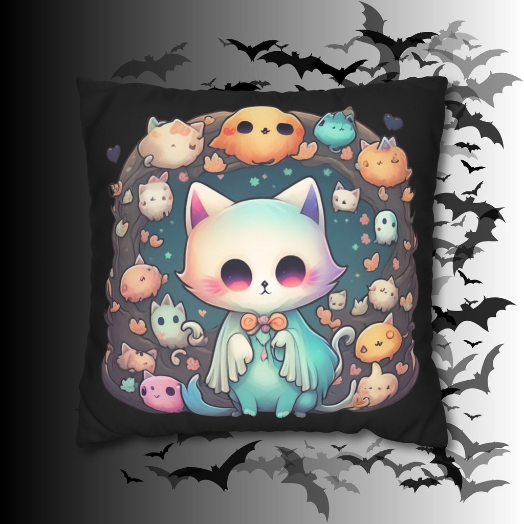 Creepy Cute Kawaii Ghost Cat Throw Pillow — Pastel Goth Dark Home Decor
