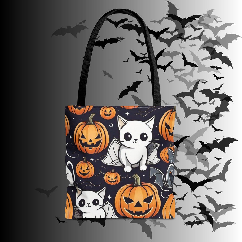 Kawaii Bat Cat Halloween Tote Bag — Spooky Pumpkin Pattern