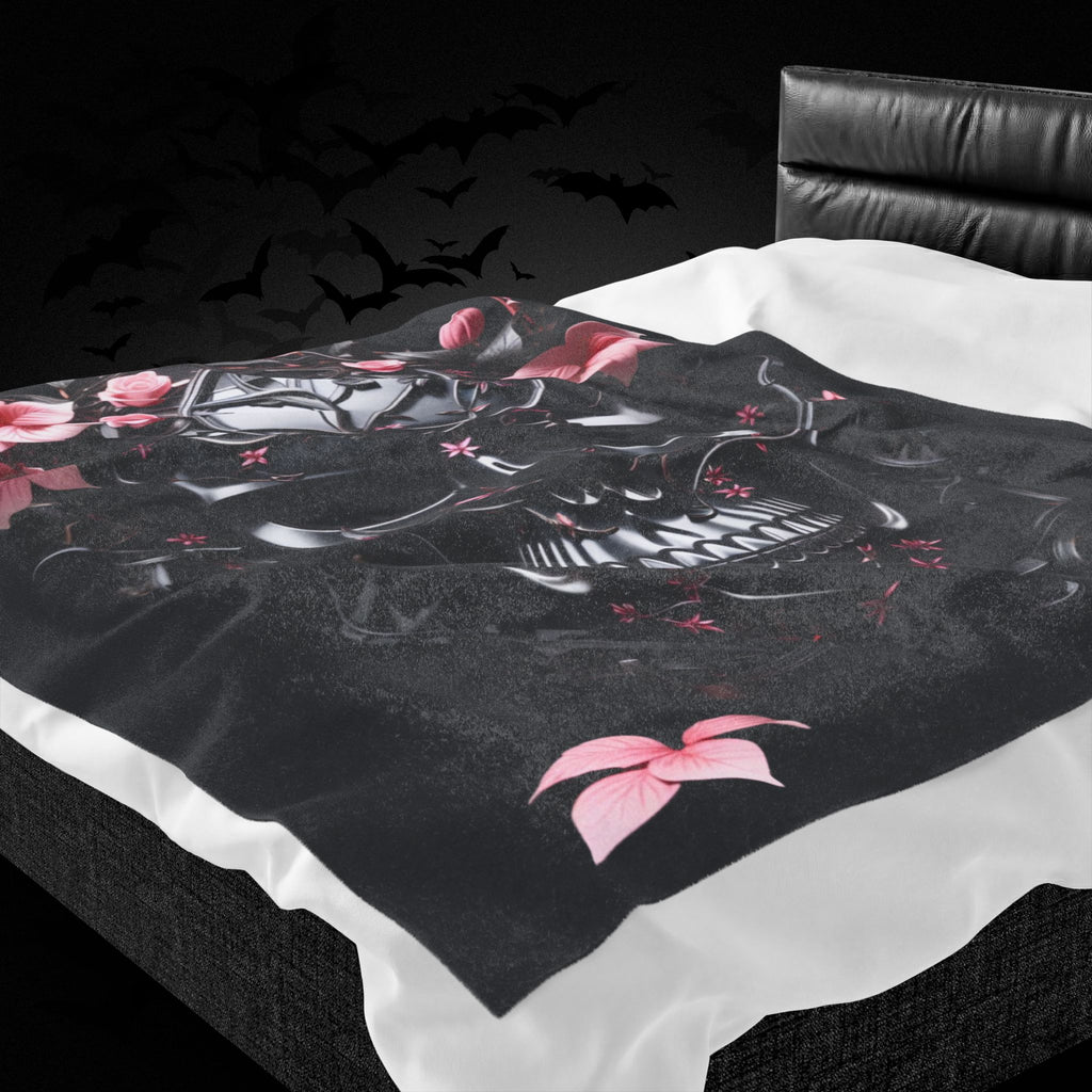 Pastel Goth Black & Pink Botanical Skull Throw Blanket — Dark Floral Home Decor