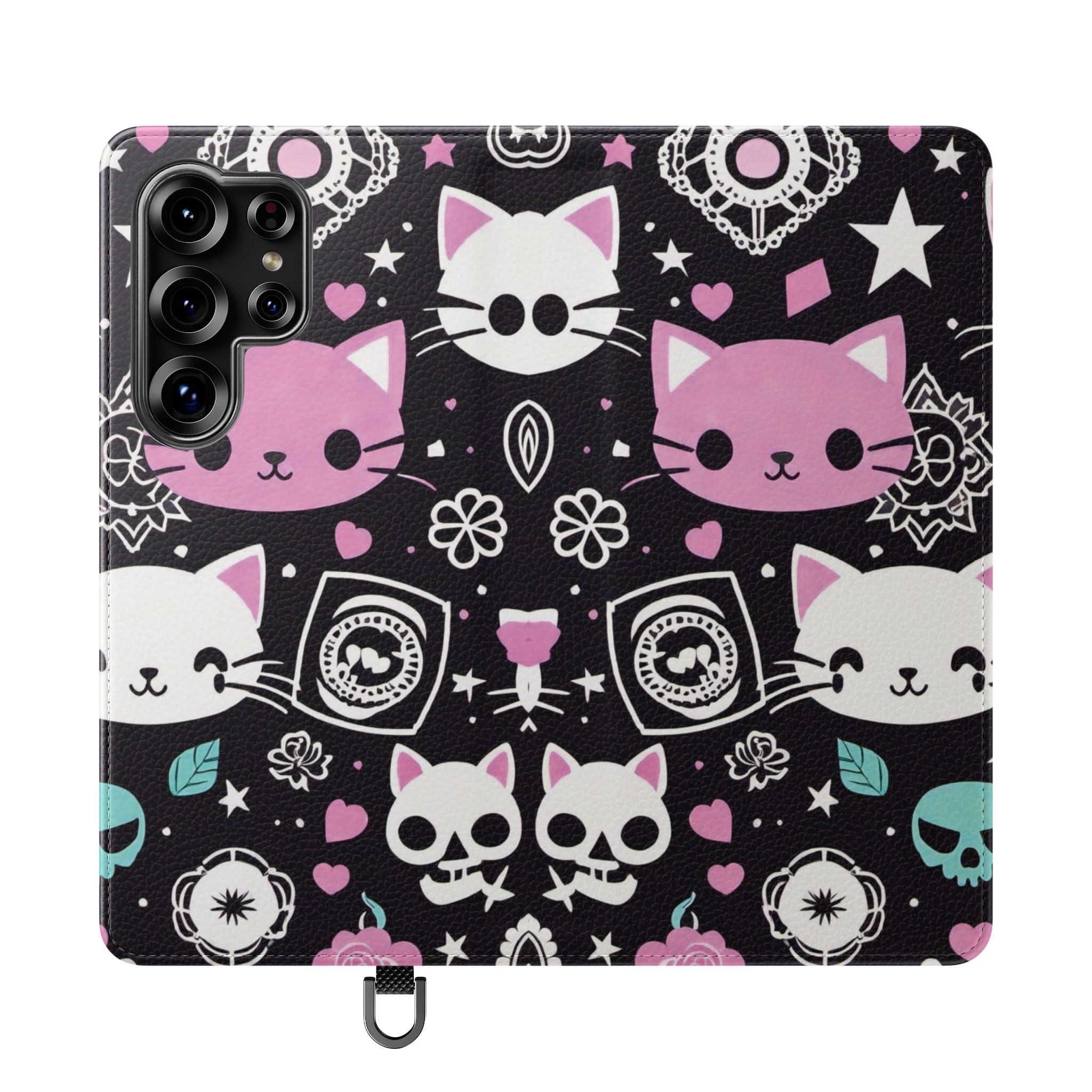 Pastel Goth Cat Flip Wallet Phone Case - Goth Cat Wallet Case for Samsung iPhone - Gothic Style Cats Wallet Phone Cases