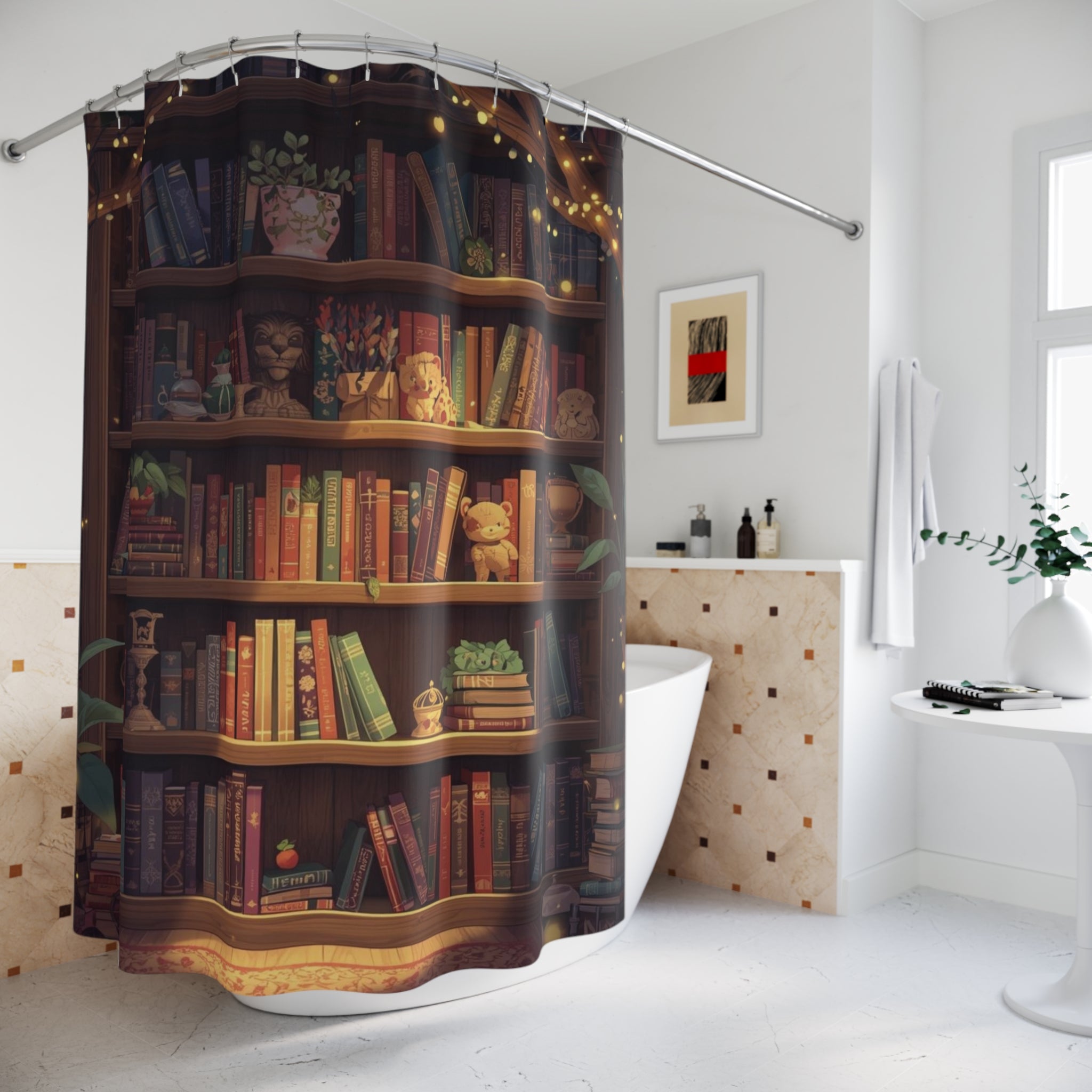 Cottagecore Bookcase Shower Curtain — Cozy Fantasy Book Lover Bathroom Decor