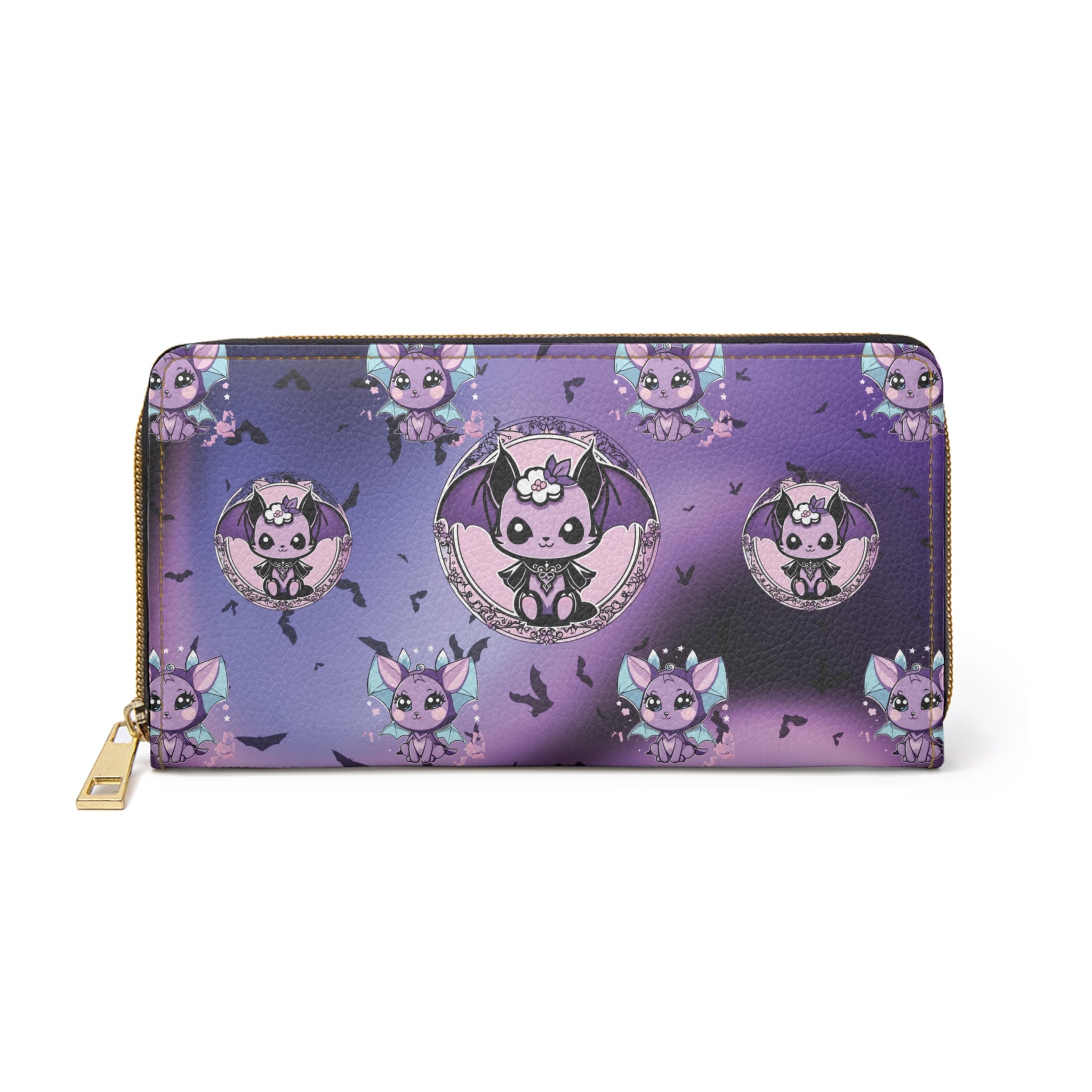 Pastel Goth Kawaii Bat Print Wallet | Purple Faux Leather Zipper Clutch