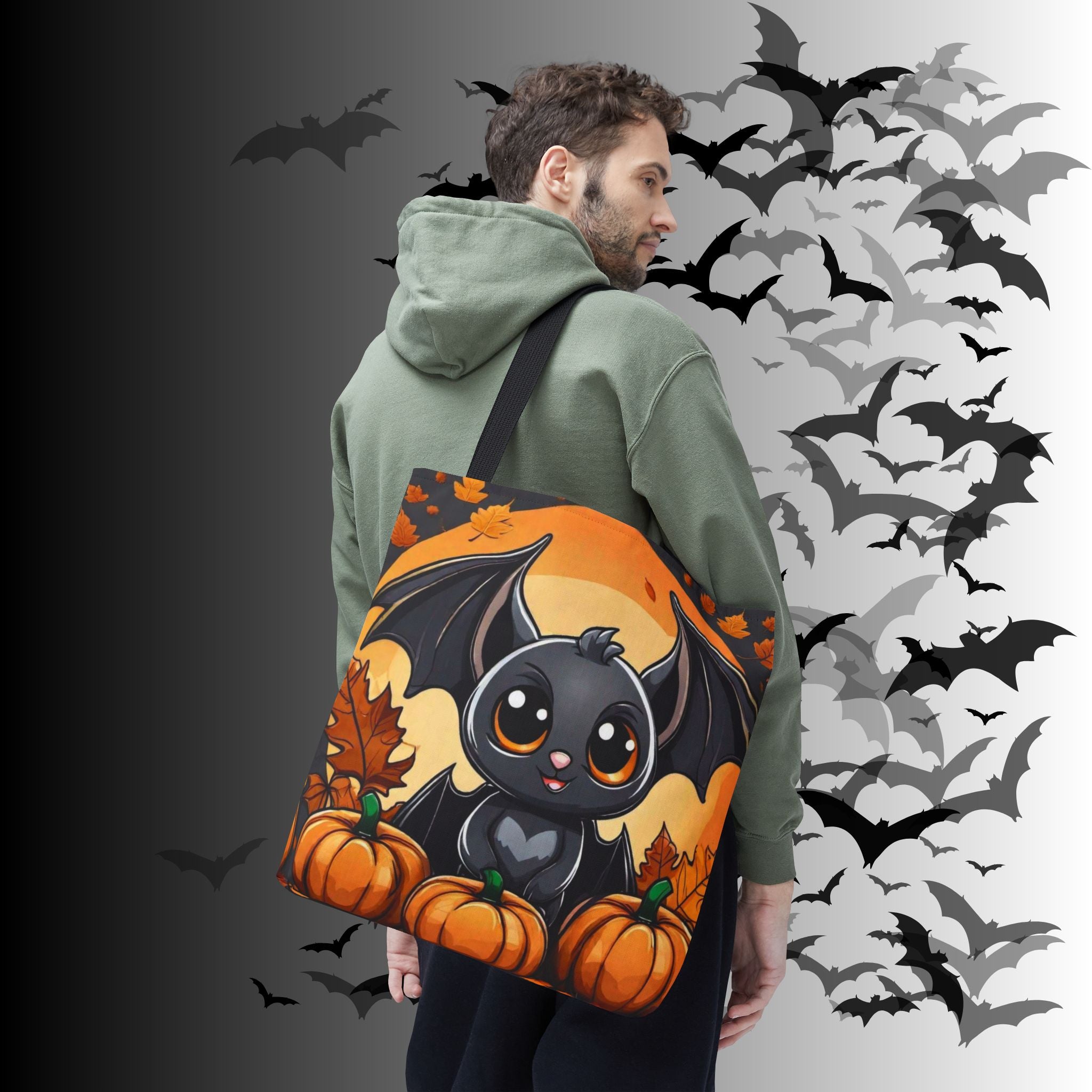 Kawaii Bat & Pumpkin Halloween Tote Bag — Autumn Full Moon Print