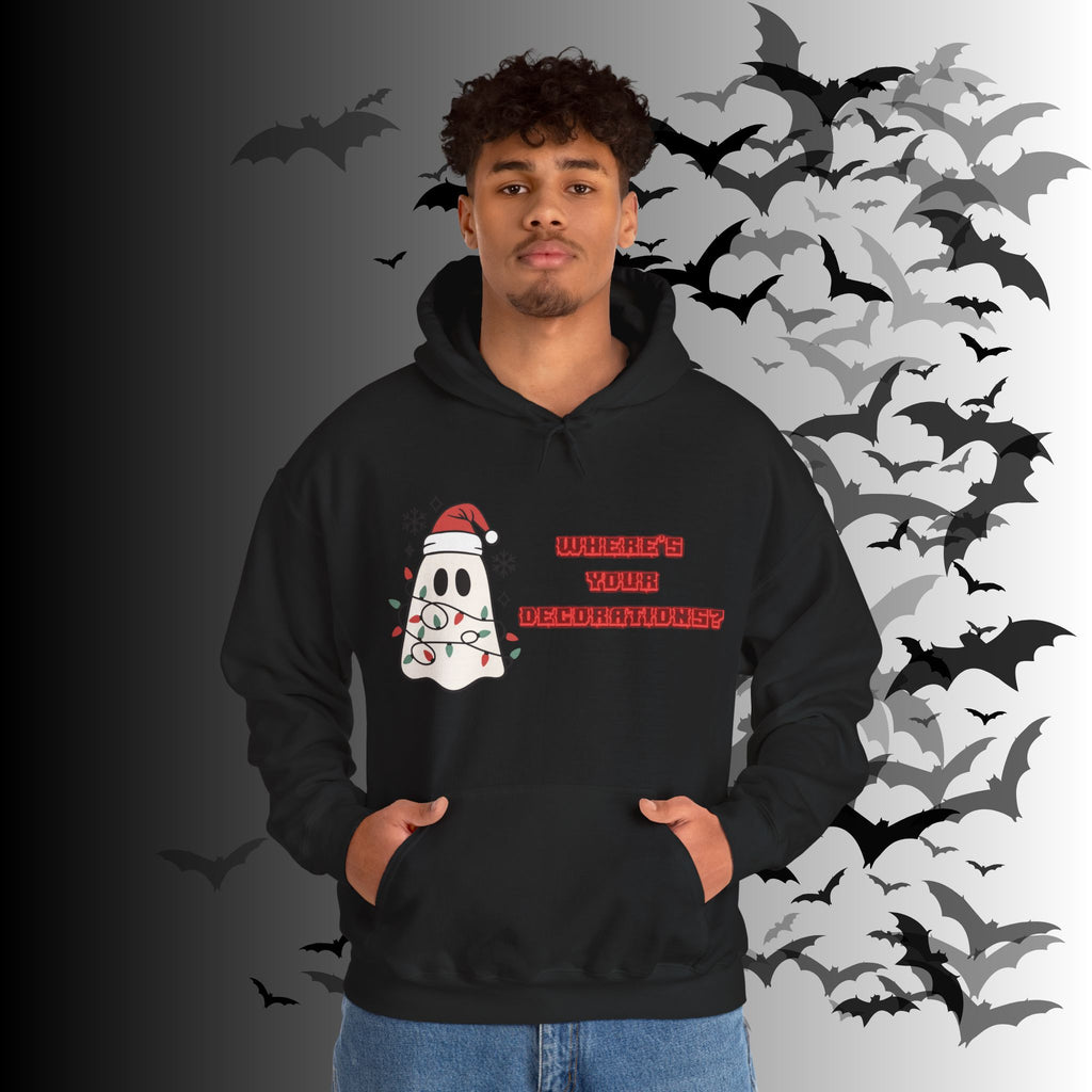 Where's Your Decorations Ghost Hoodie — Funny Gothic Christmas Pullover