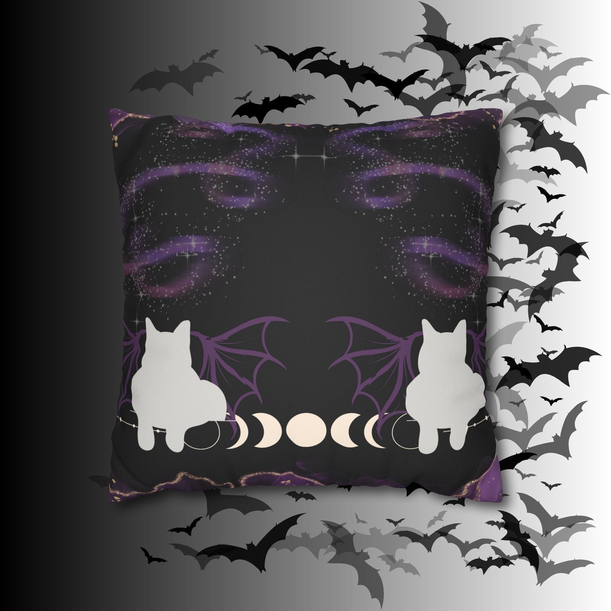 Gothic Bat Wing Cat Moon Phases Throw Pillow — Purple Celestial Dark Home Decor