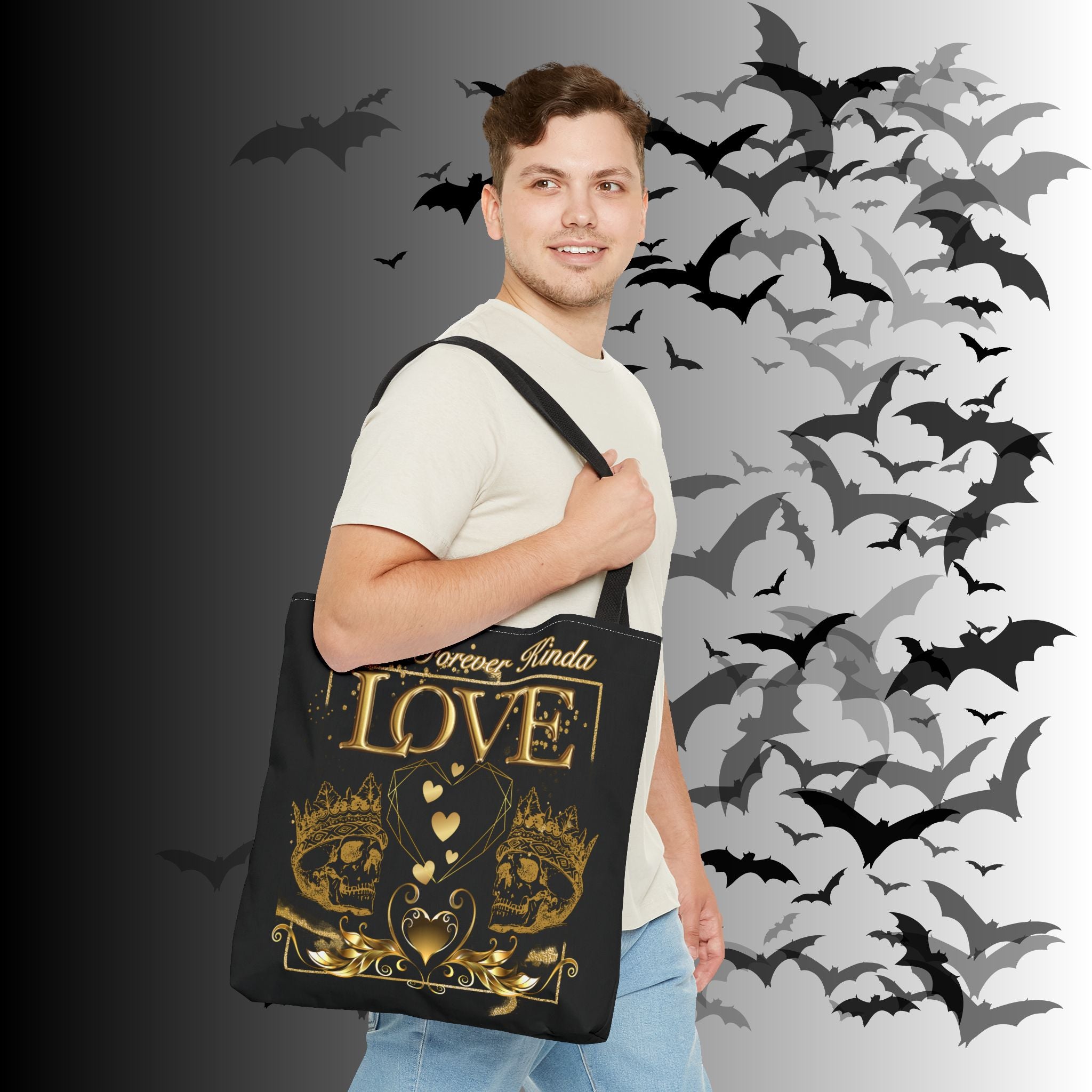 "That Forever Kinda Love" Gothic Skull Crown Tote Bag — Dark Romance Gold Print