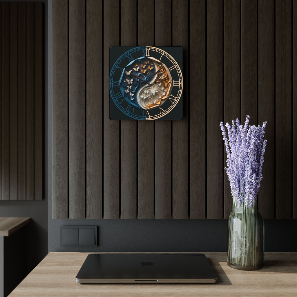 Origami Style Yin Yang Butterfly Acrylic Art Print Wall Clock Blue Gold — NOT Real Origami, Zen Home Decor