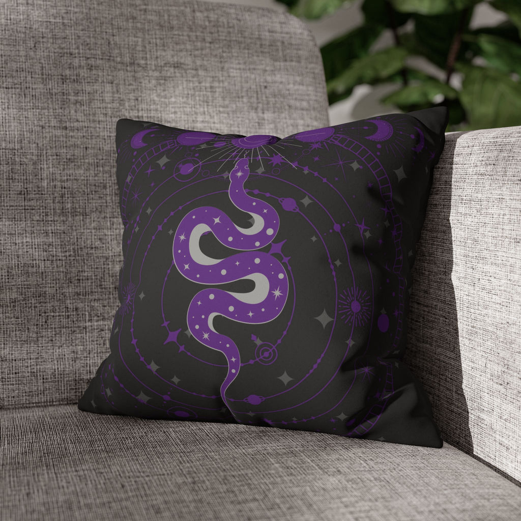 Purple Celestial Snake Moon Phases Throw Pillow — Witchy Gothic Dark Home Decor