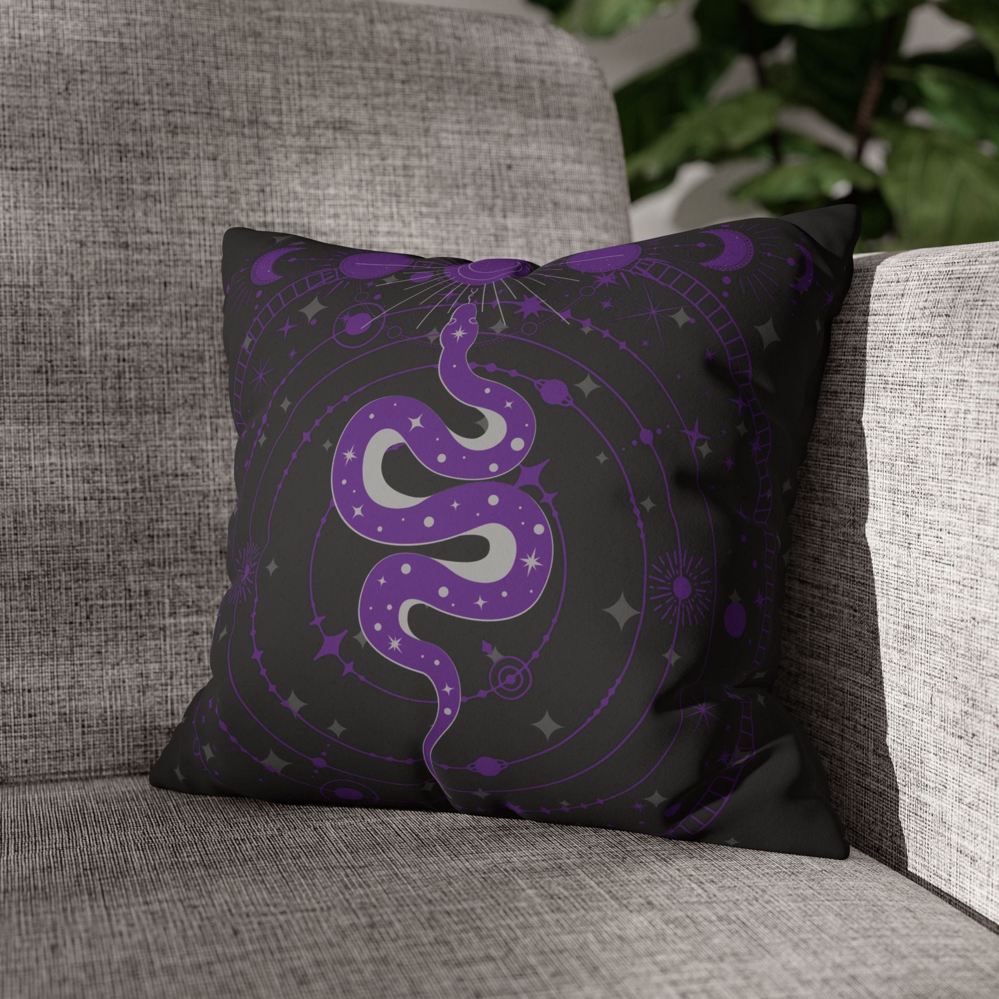 Purple Celestial Snake Moon Phases Throw Pillow — Witchy Gothic Dark Home Decor