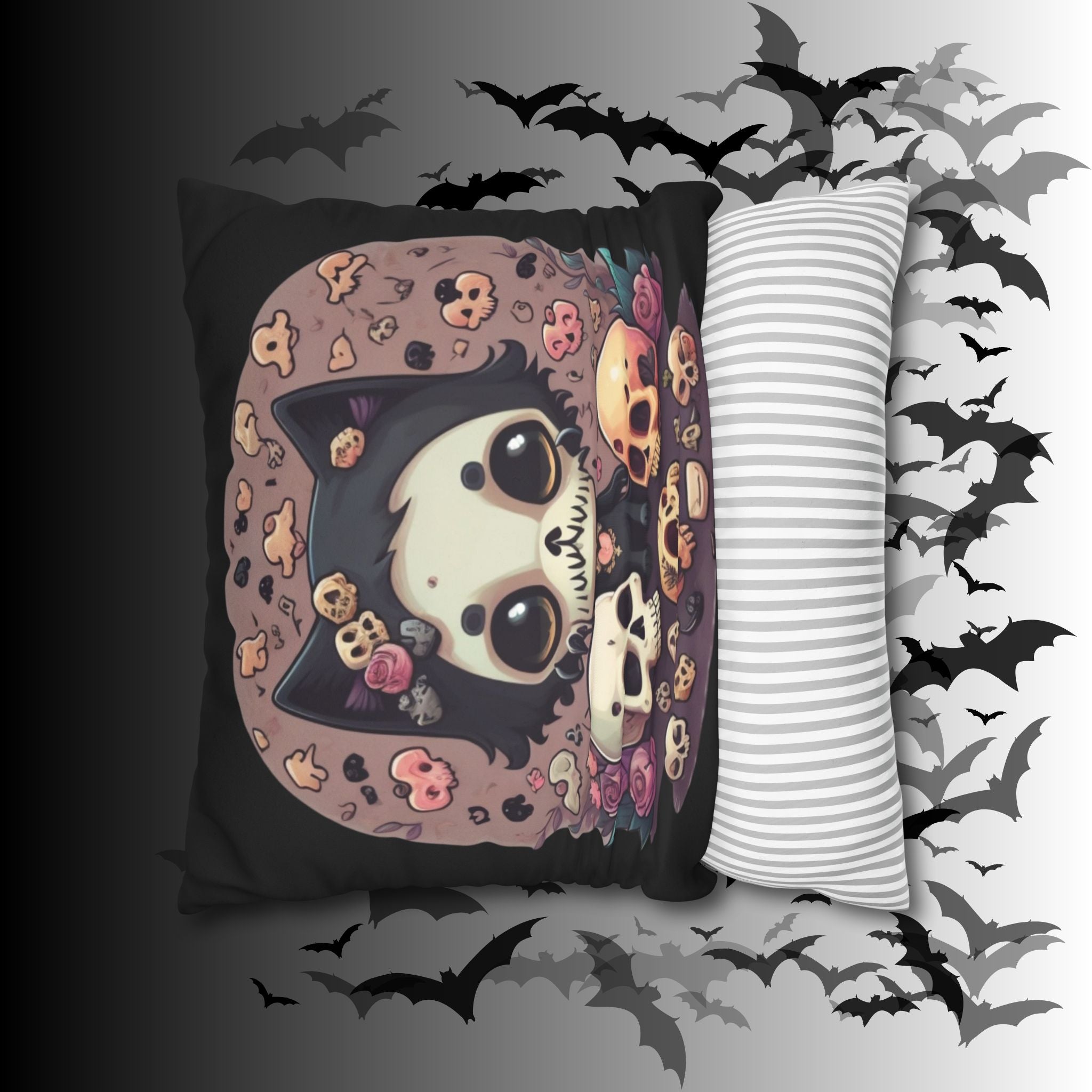 Gothic Skull Face Cat Throw Pillow — Creepy Cute Pastel Goth Home Decor