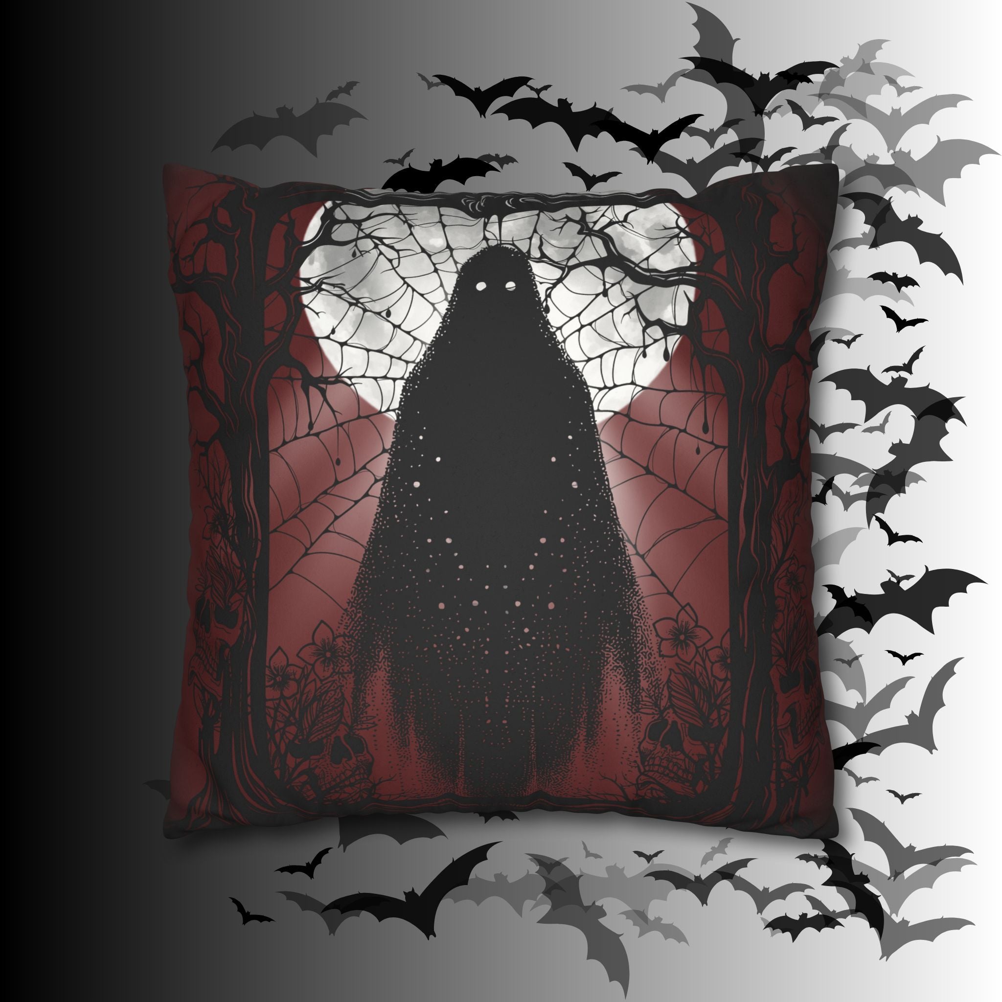Gothic Ghost Cobweb Moon Throw Pillow — Spooky Halloween Dark Home Decor