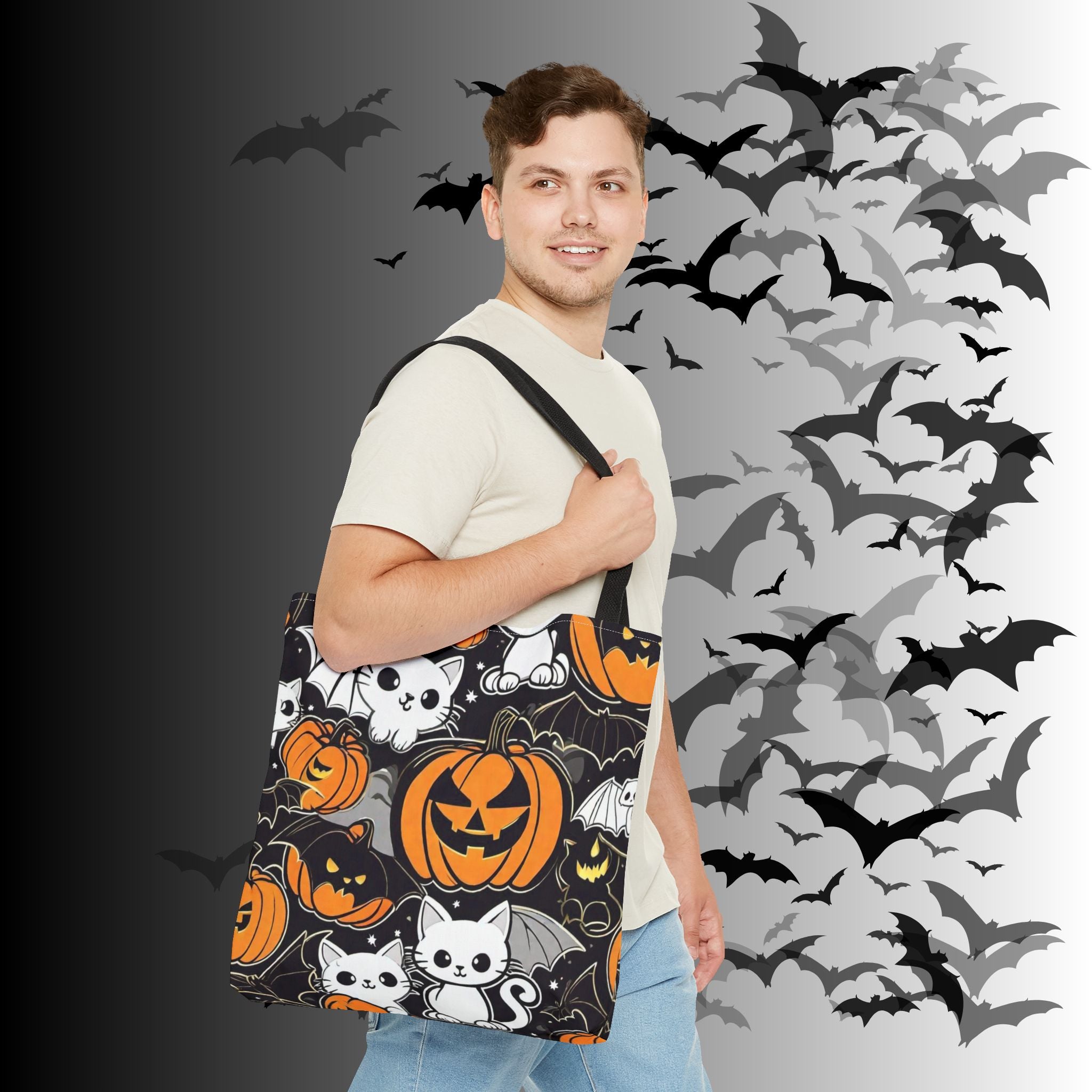 Kawaii Bat Cat Halloween Tote Bag — Dark Pumpkin Pattern