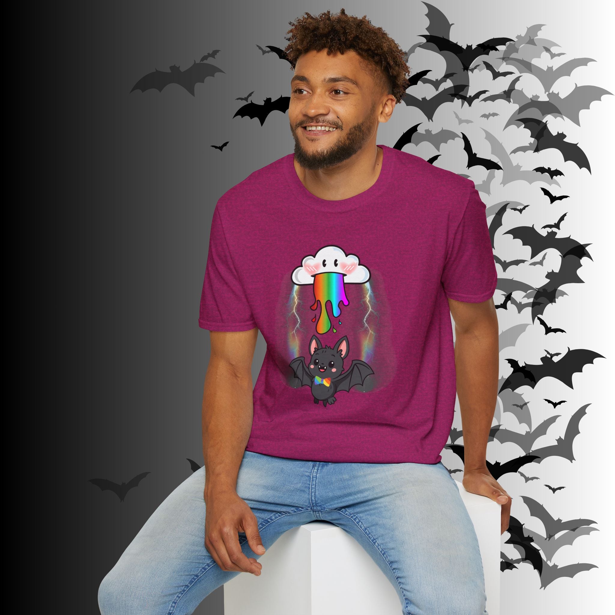 Rainbow Vomit Cloud Bat T-Shirt — Kawaii Goth Pride Unisex Tee