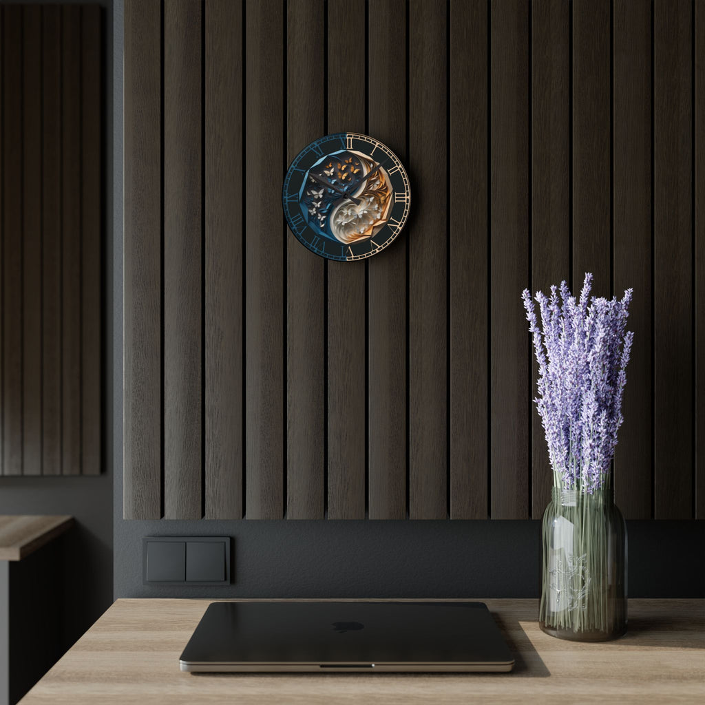 Origami Style Yin Yang Butterfly Acrylic Art Print Wall Clock Blue Gold — NOT Real Origami, Zen Home Decor