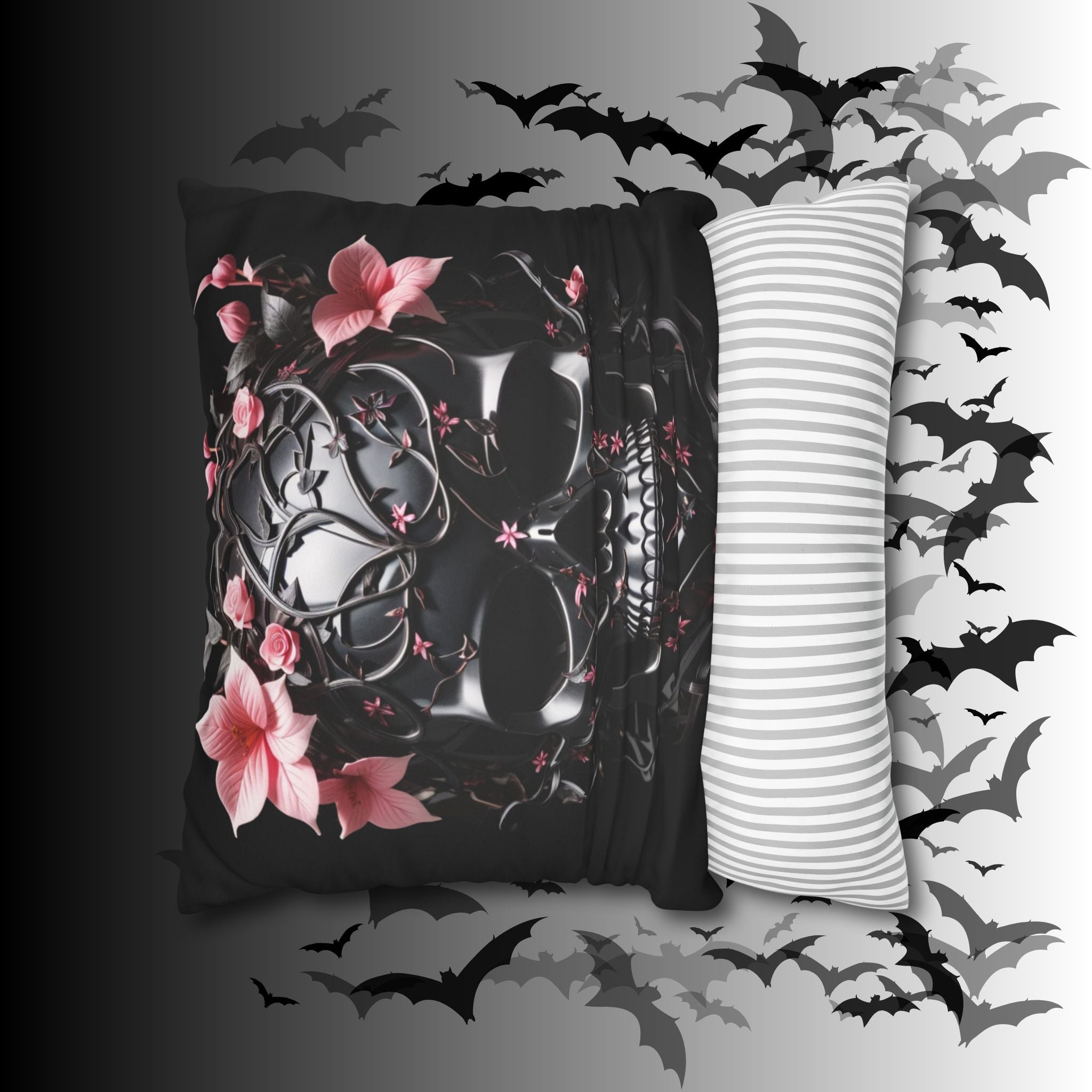 Gothic Botanical Skull Throw Pillow — Dark Floral Pastel Goth Home Decor