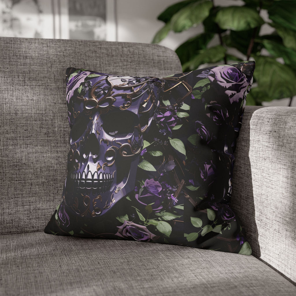 Gothic Black Purple Skull Throw Pillow — Dark Floral Botanical Home Decor