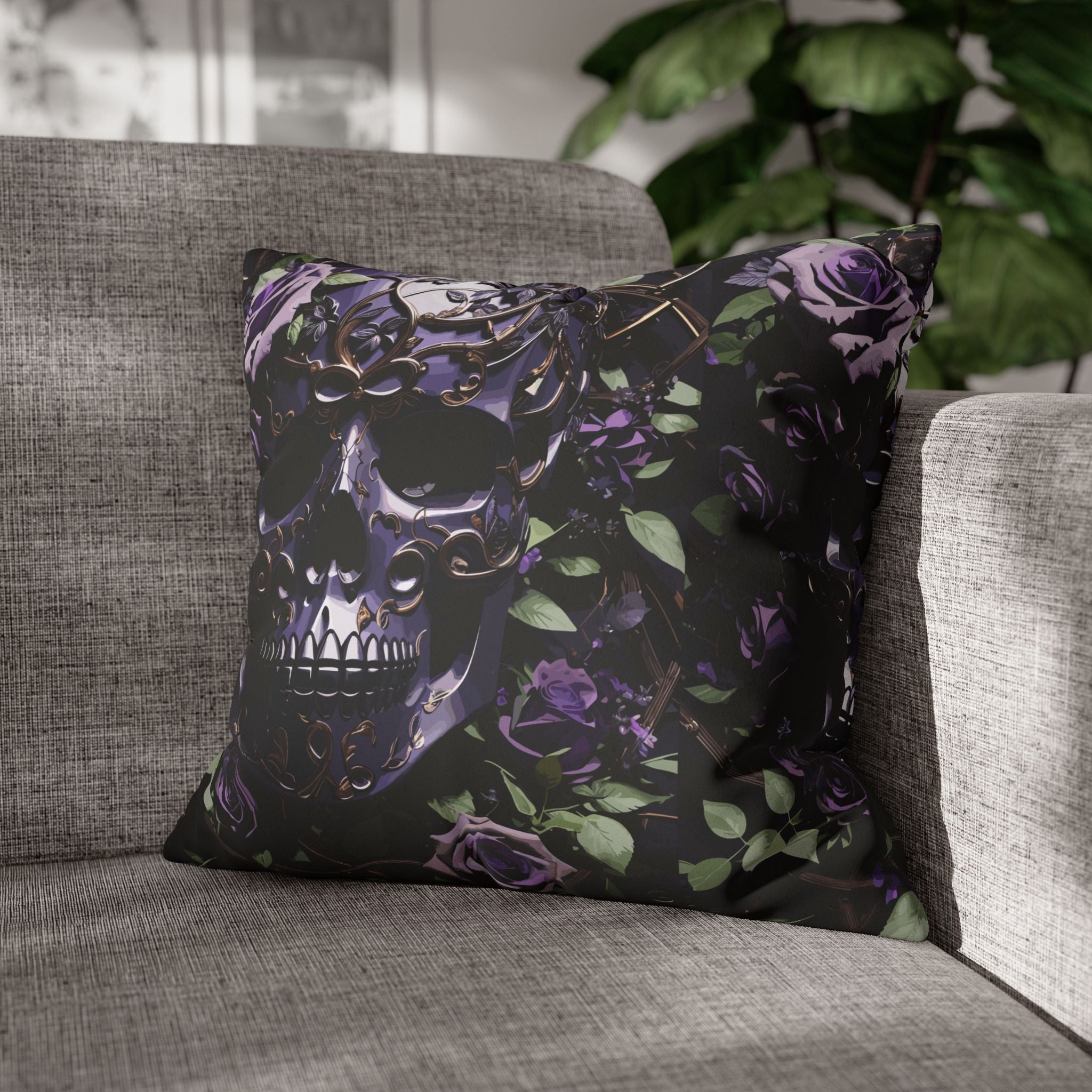 Gothic Black Purple Skull Throw Pillow — Dark Floral Botanical Home Decor