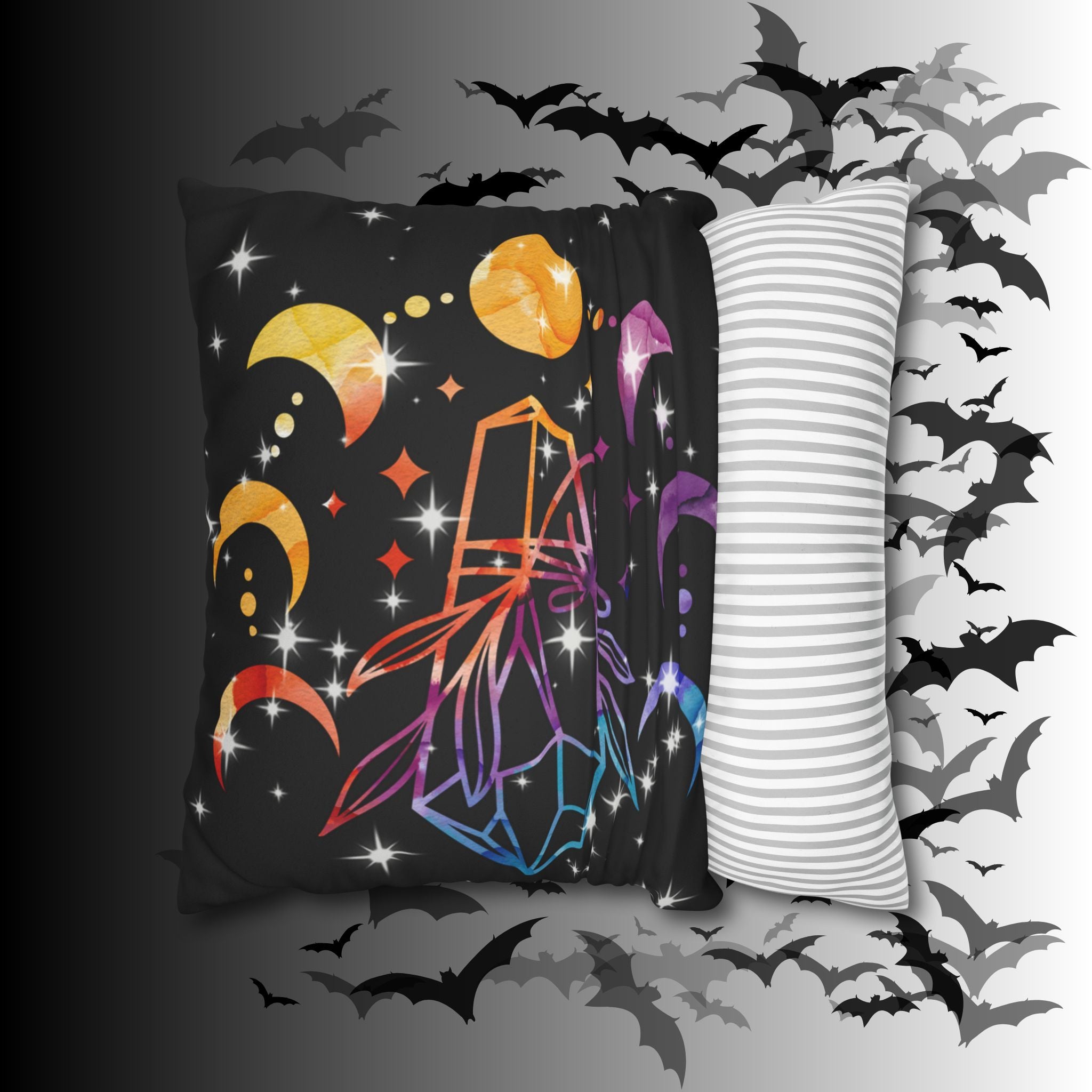 Rainbow Crystal Celestial Throw Pillow — Witchy Gothic Dark Home Decor