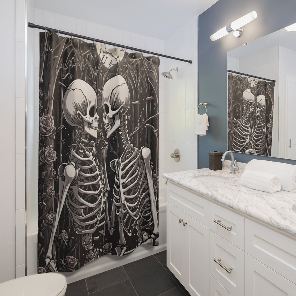 
Gothic shower curtain with two skeletons leaning toward each other surrounded by dark roses and bare branches in dramatic monochrome displayed in a white bathroom