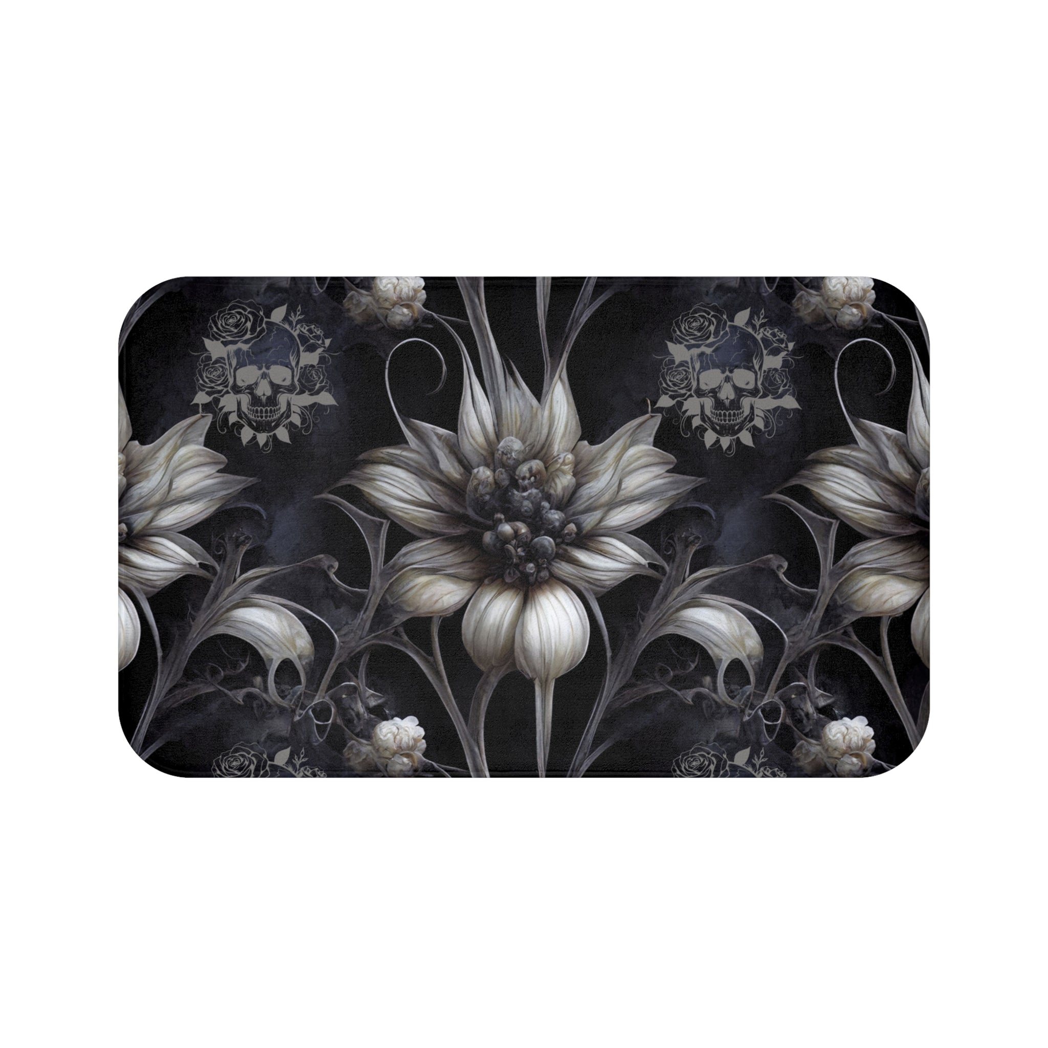 Gothic Botanical Skull Bath Mat — Dark Floral Black Bathroom Decor
